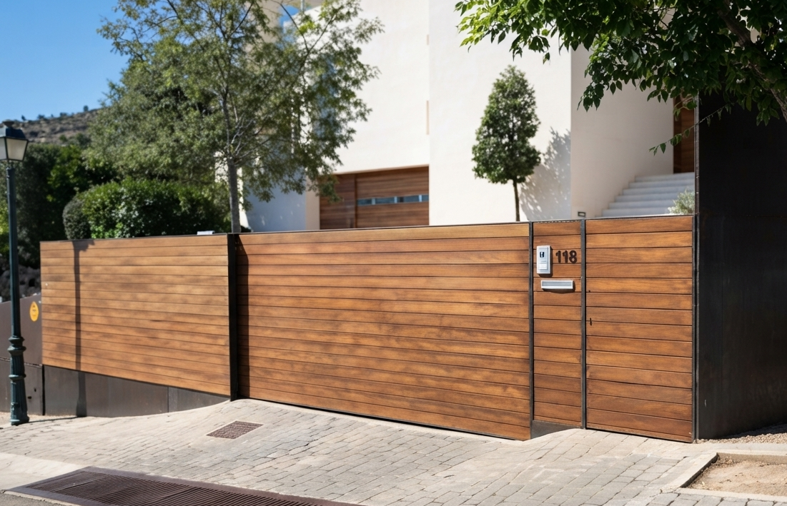 Reja de madera marrón en la entrada de una casa moderna con muro blanco, árboles y escaleras a la entrada.
