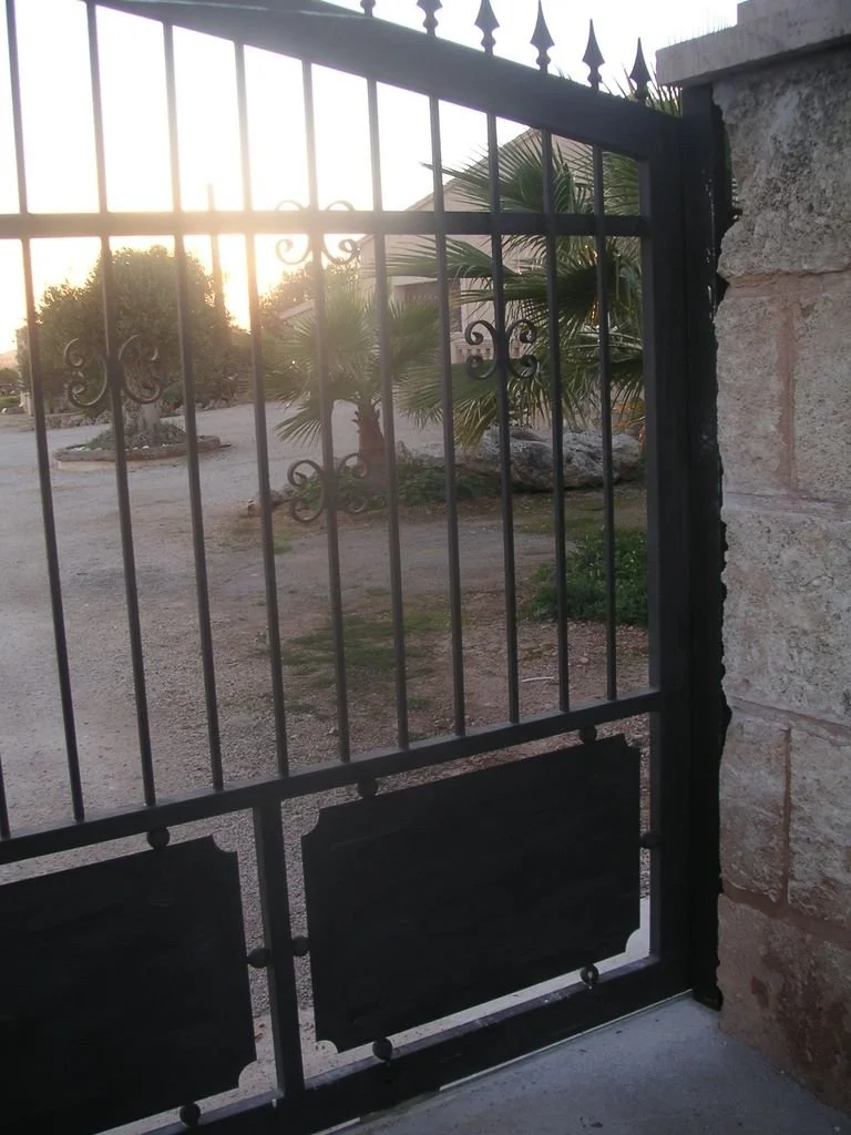 Una reja negra de metal con detalles decorativos, instalada en una entrada con pared de piedra, mirando hacia un área con palmeras y árboles bajo la luz del atardecer.