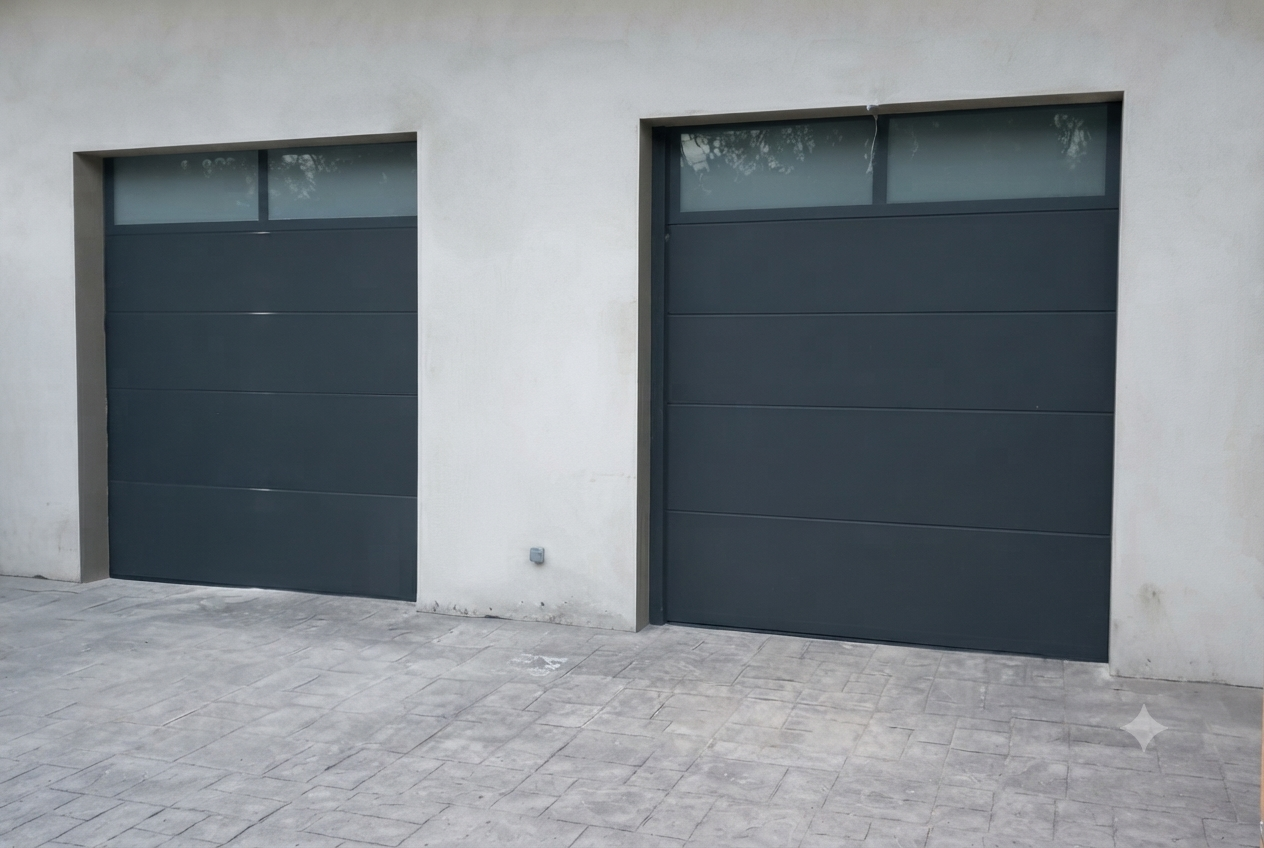 Dos portones de garaje oscuros en una pared de concreto blanca, con una superficie pavimentada delante.