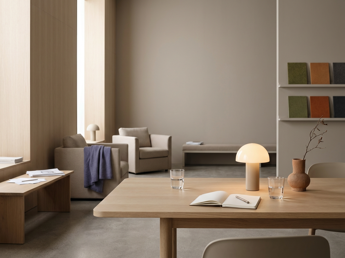 A minimalist interior space with a wooden table, a beige sofa and armchair, a small wooden bench, a desk lamp, a vase with a branch, and glasses of water. There are shelves with colored books and papers on the table.