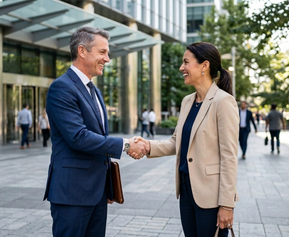 Two business professionals, a man and a woman, shaking hands outside a modern office building, smiling at each other. The man is in a blue suit, and the woman is in a beige blazer with dark hair pulled back.