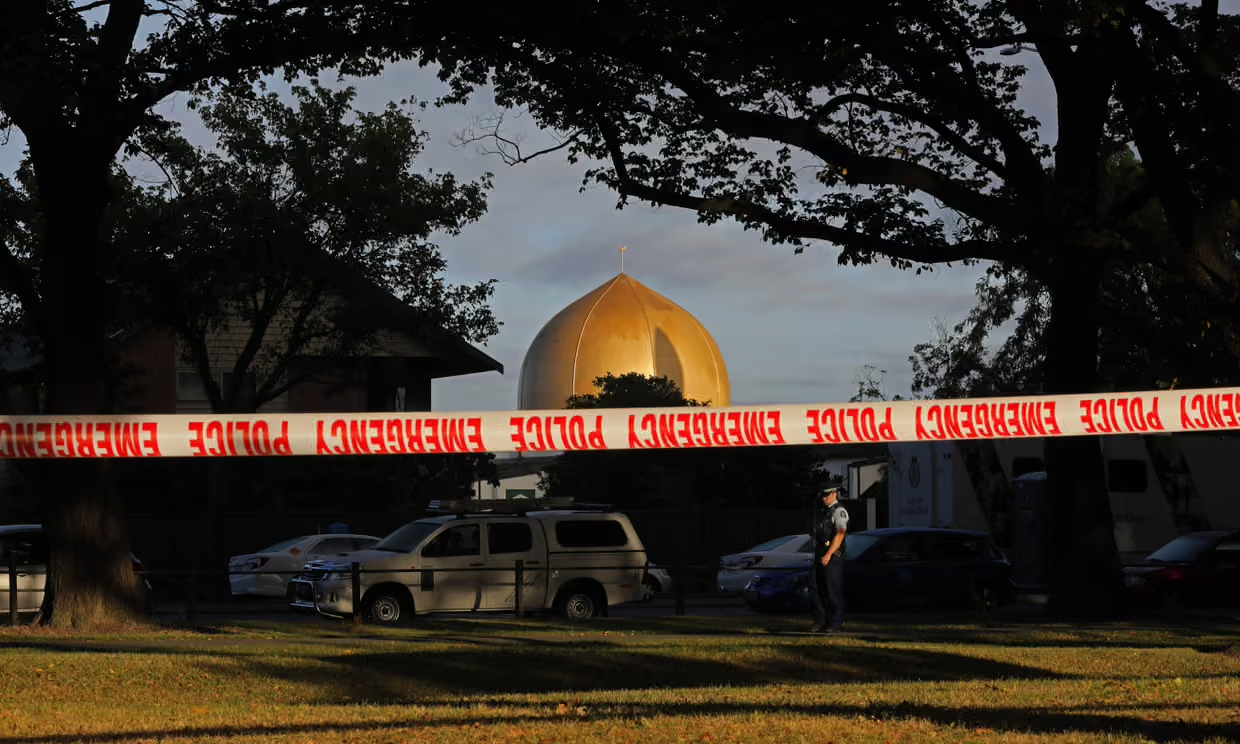 Scene of a crime scene with police tape reading 'POLICE EMERGENCY'. Christchurch Mosque Shooting