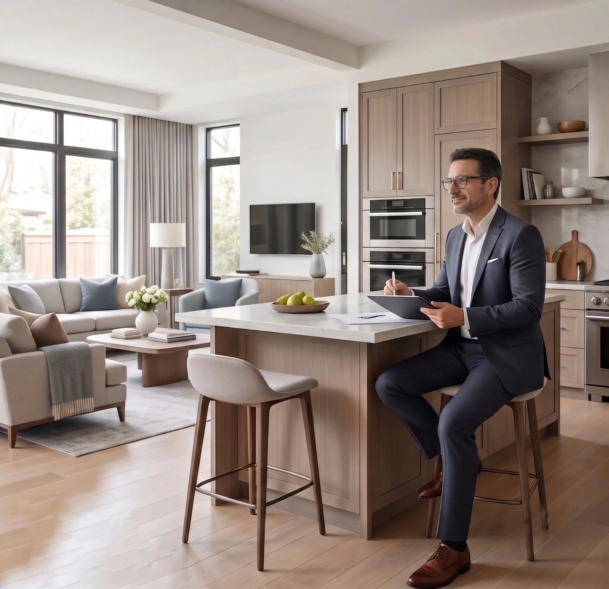 Uomo elegante con occhiali seduto a un bancone di cucina in un moderno ambiente domestico con ampie finestre e arredamento minimalista.
