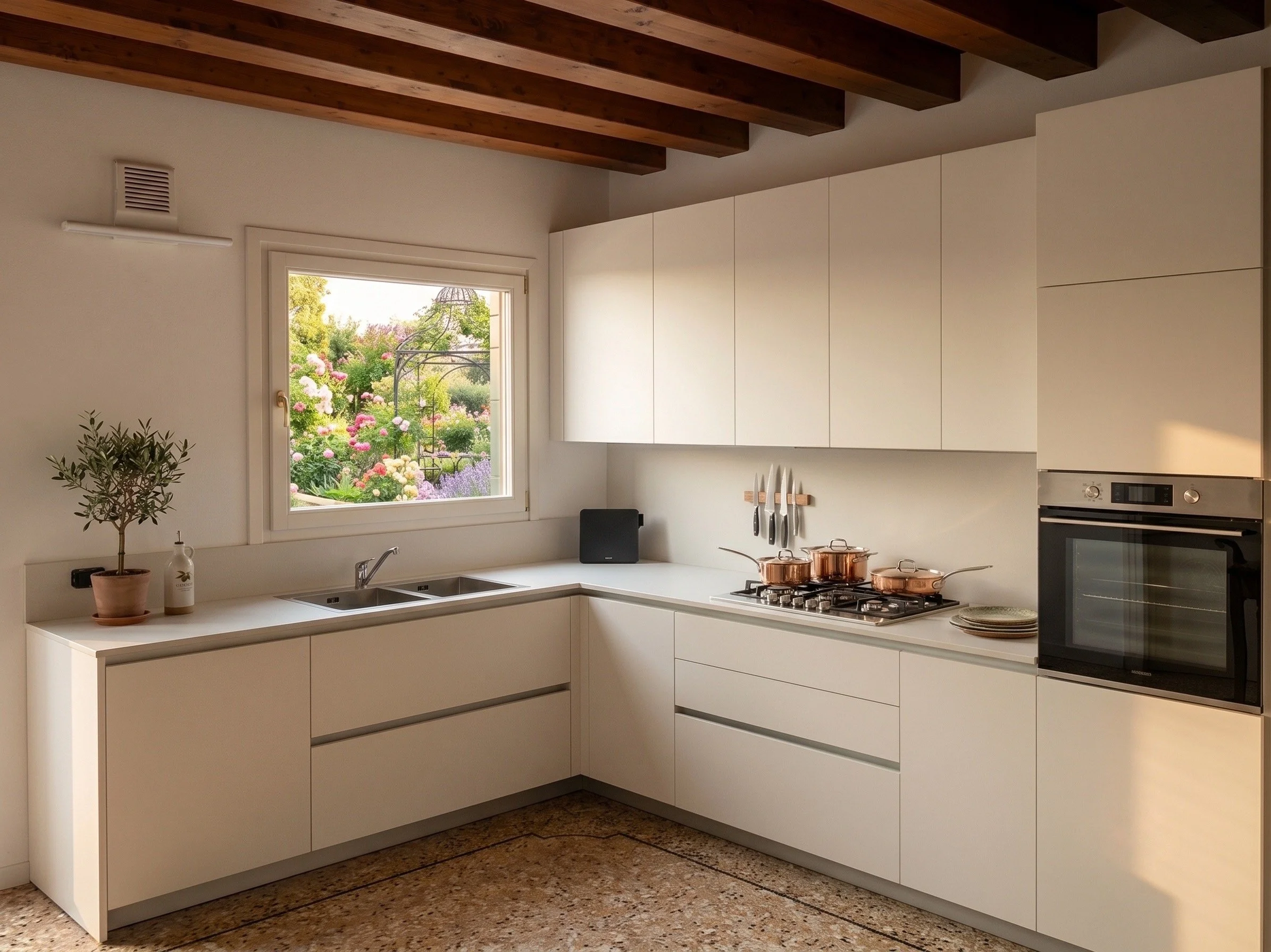 Cucina moderna con armadietti bianchi, lavello, forno, piano cottura con pentole di rame, finestra che si affaccia a un giardino con fiori colorati, e alcuni utensili da cucina appesi.