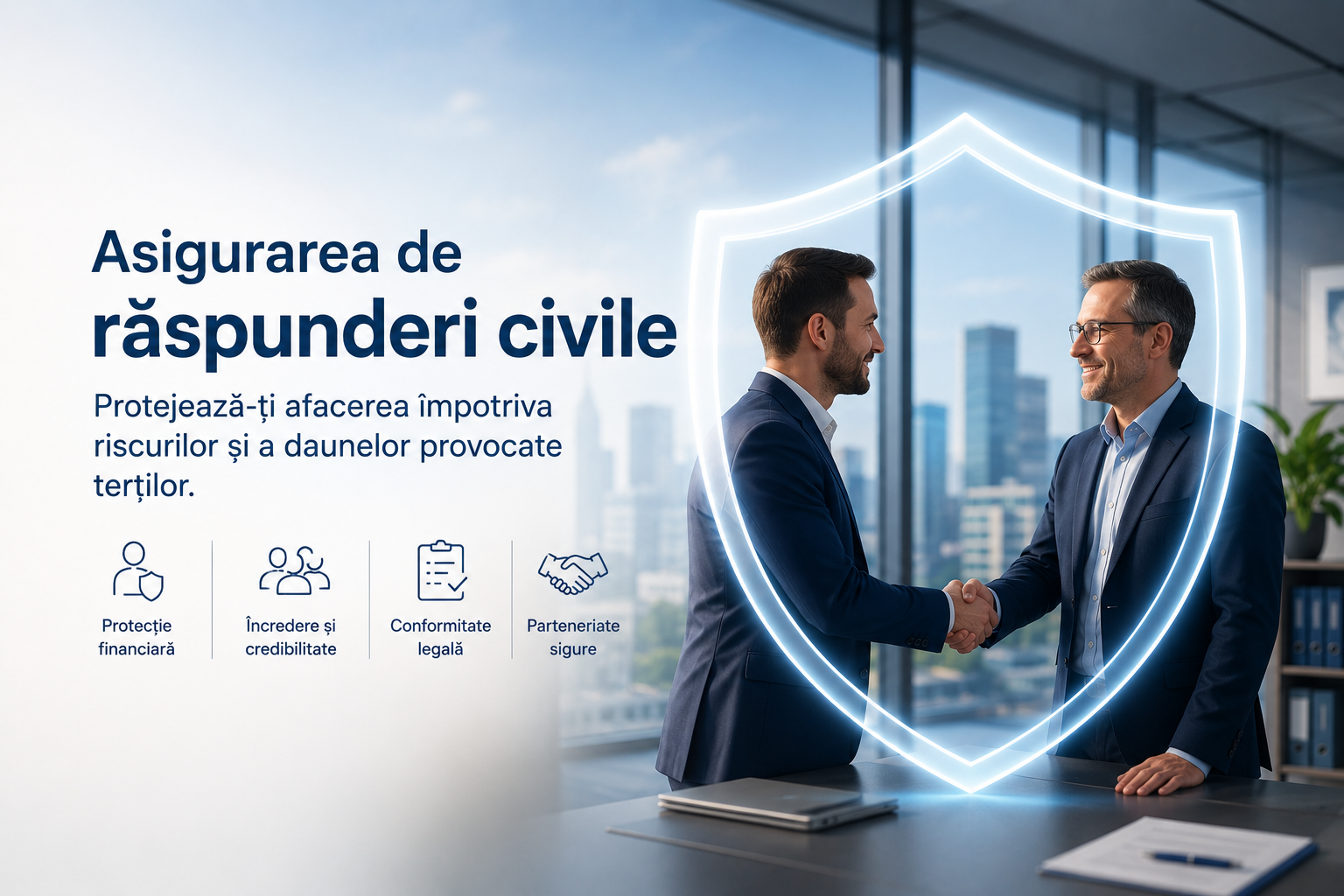 Two men in business suits shaking hands in an office, with a shield outline graphic overlay, representing civil liability insurance. The left side of the image has Romanian text promoting insurance services, including icons for financial protection, credibility, legal compliance, and secure partnerships.