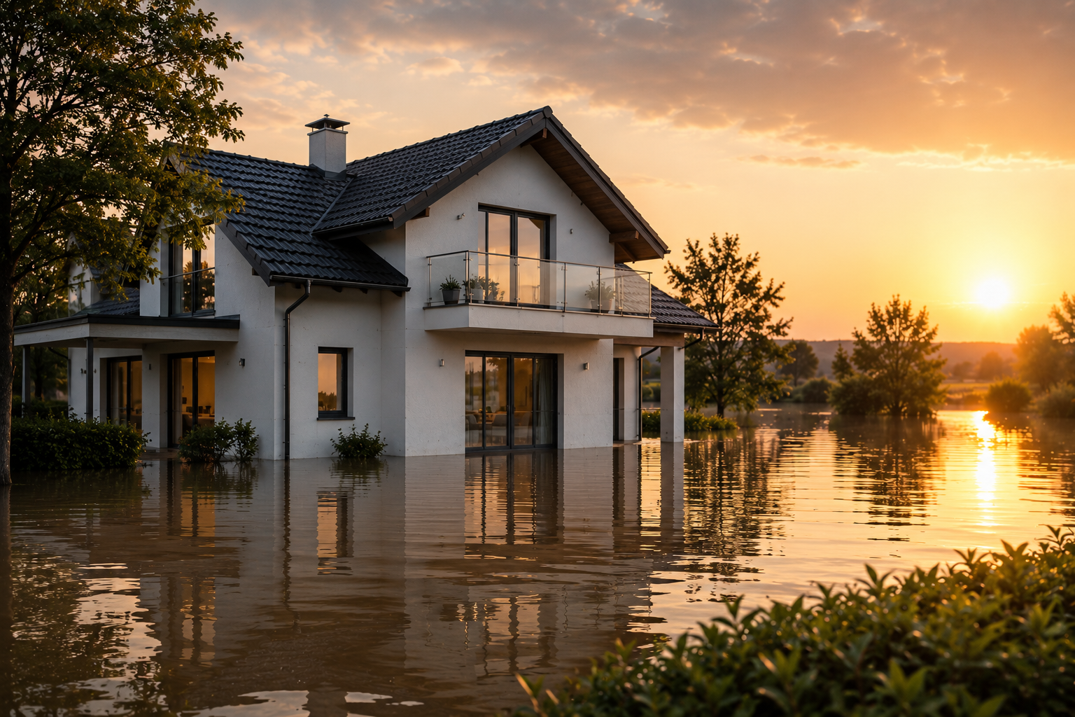 A white two-story house with a modern design partially submerged in floodwaters during sunset, with trees and a calm river surrounding it.
