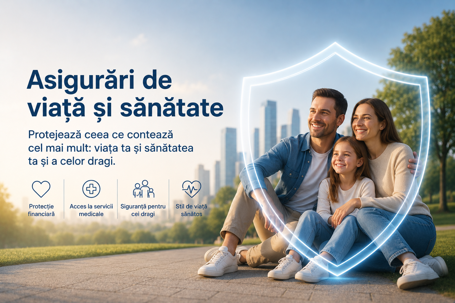 A happy family of three sitting on a park sidewalk, surrounded by a glowing shield graphic, with a city skyline and trees in the background, promoting life and health insurance.