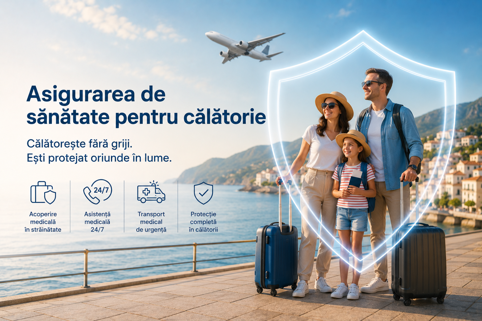 Family of three smiling with luggage near waterfront, with airplane flying overhead and a digital shield icon representing travel health insurance.