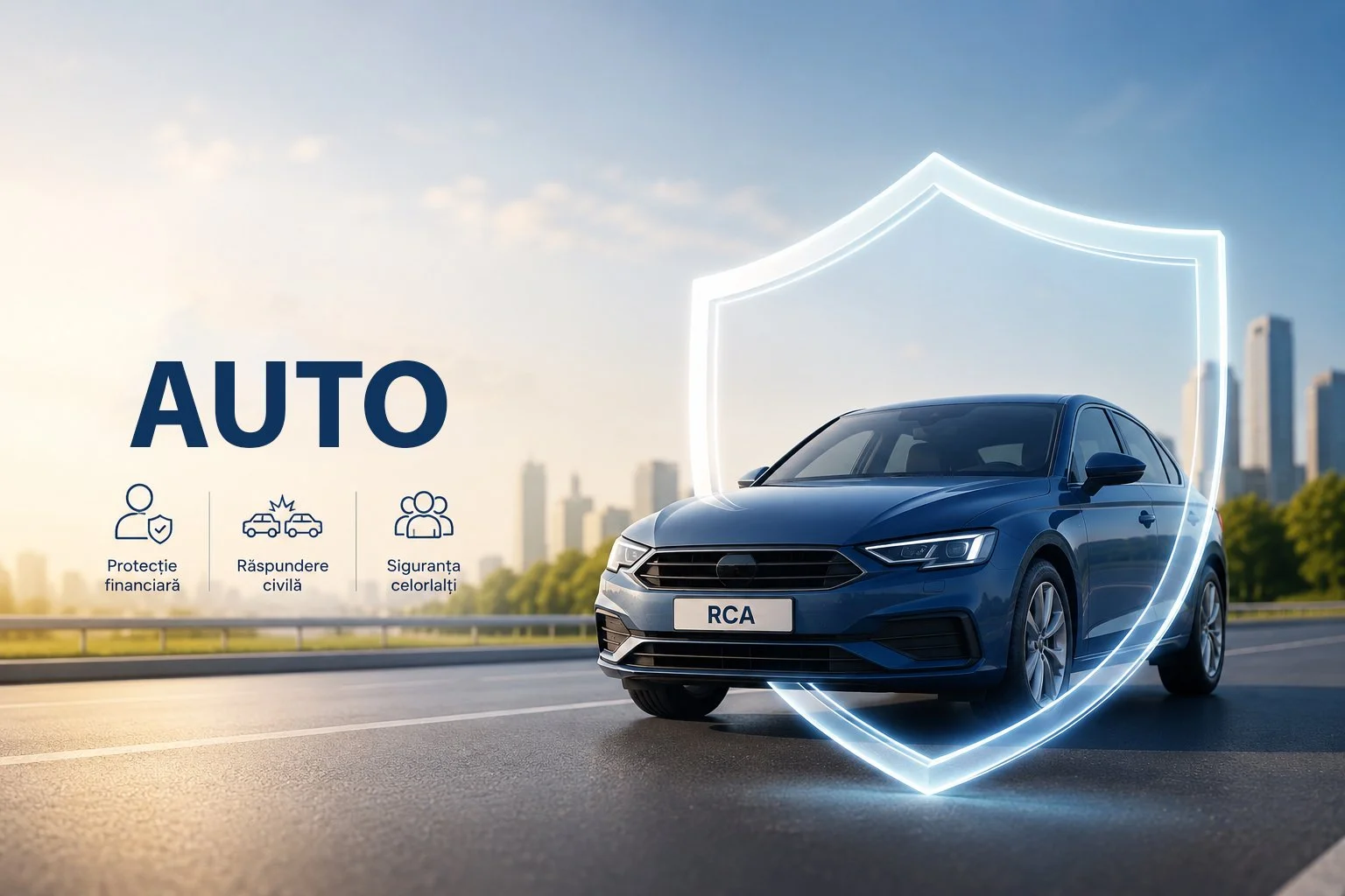 A blue car on a road with a city skyline in the background, surrounded by a digital shield. The text reads 'AUTO' with icons and words indicating financial protection, civil liability, and driver safety.