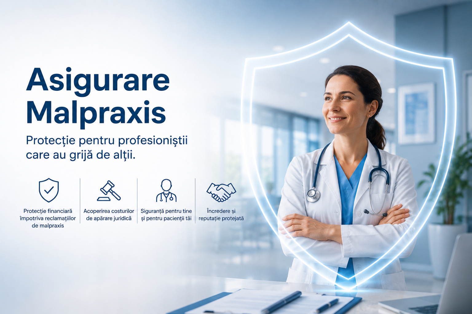 A female doctor wearing a white coat and stethoscope standing with arms crossed in front of a digital shield graphic. The image promotes malpractice insurance with text in Romanian about professional protection.