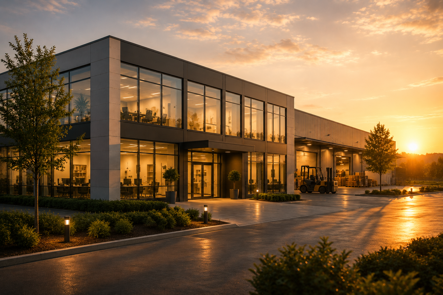 A modern two-story office building during sunset, with large glass windows revealing office spaces inside. The parking lot is partly visible, with a forklift and some stacked boxes near a warehouse section. There are trees, shrubs, and landscape lighting in the foreground.