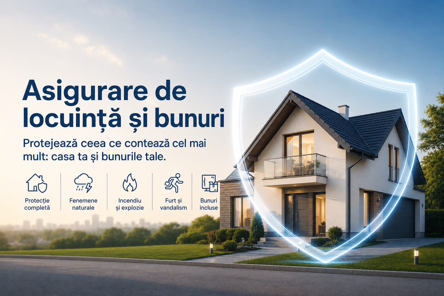 A modern house with a security shield outline around it and icons representing protection, natural phenomena, fire, vandalism, and property included, with Romanian text about home and belongings insurance.