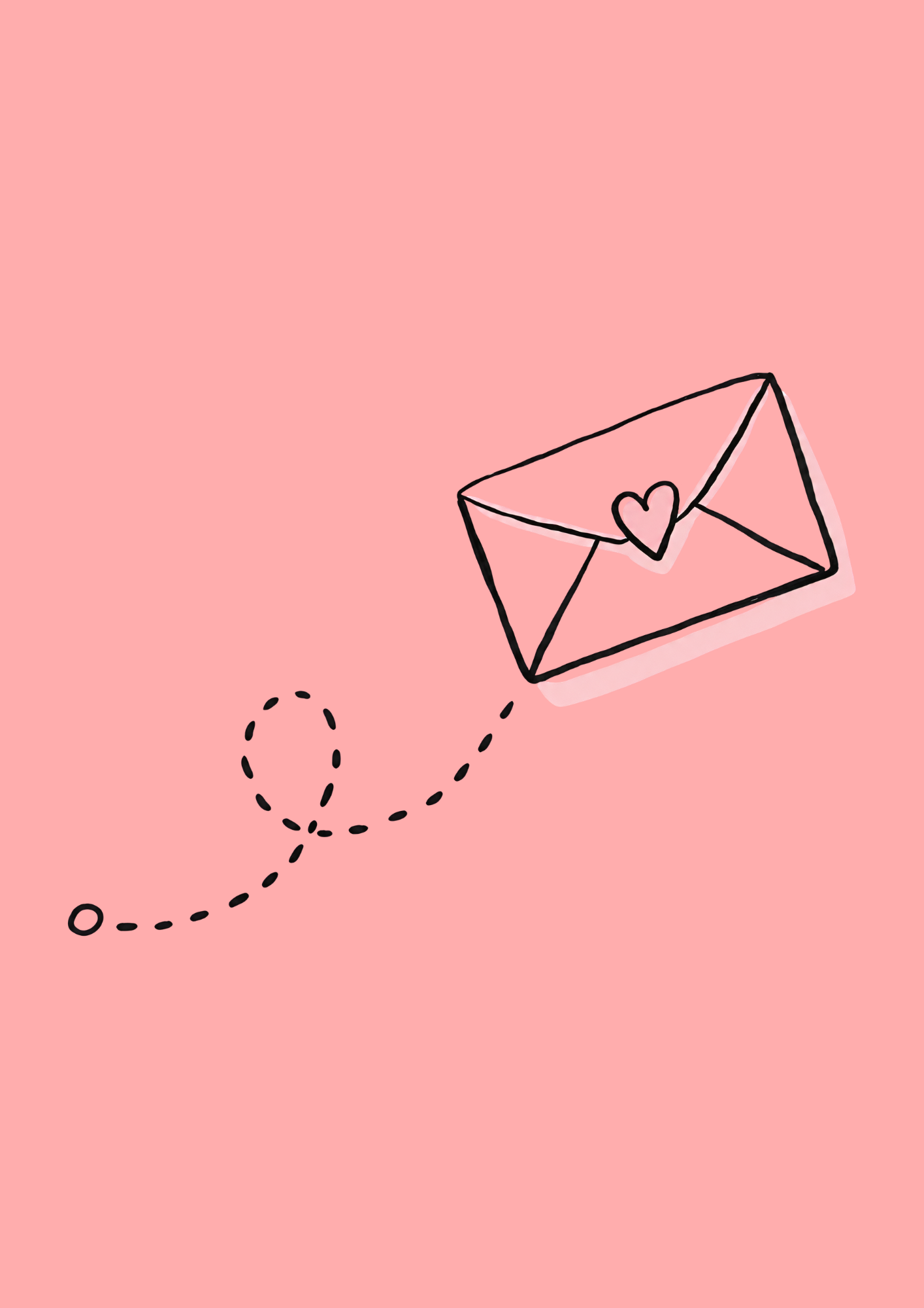 A simple drawing of an envelope with a heart on it, set against a pink background. A dashed line shows a dotted flight path from a small circle to the envelope.