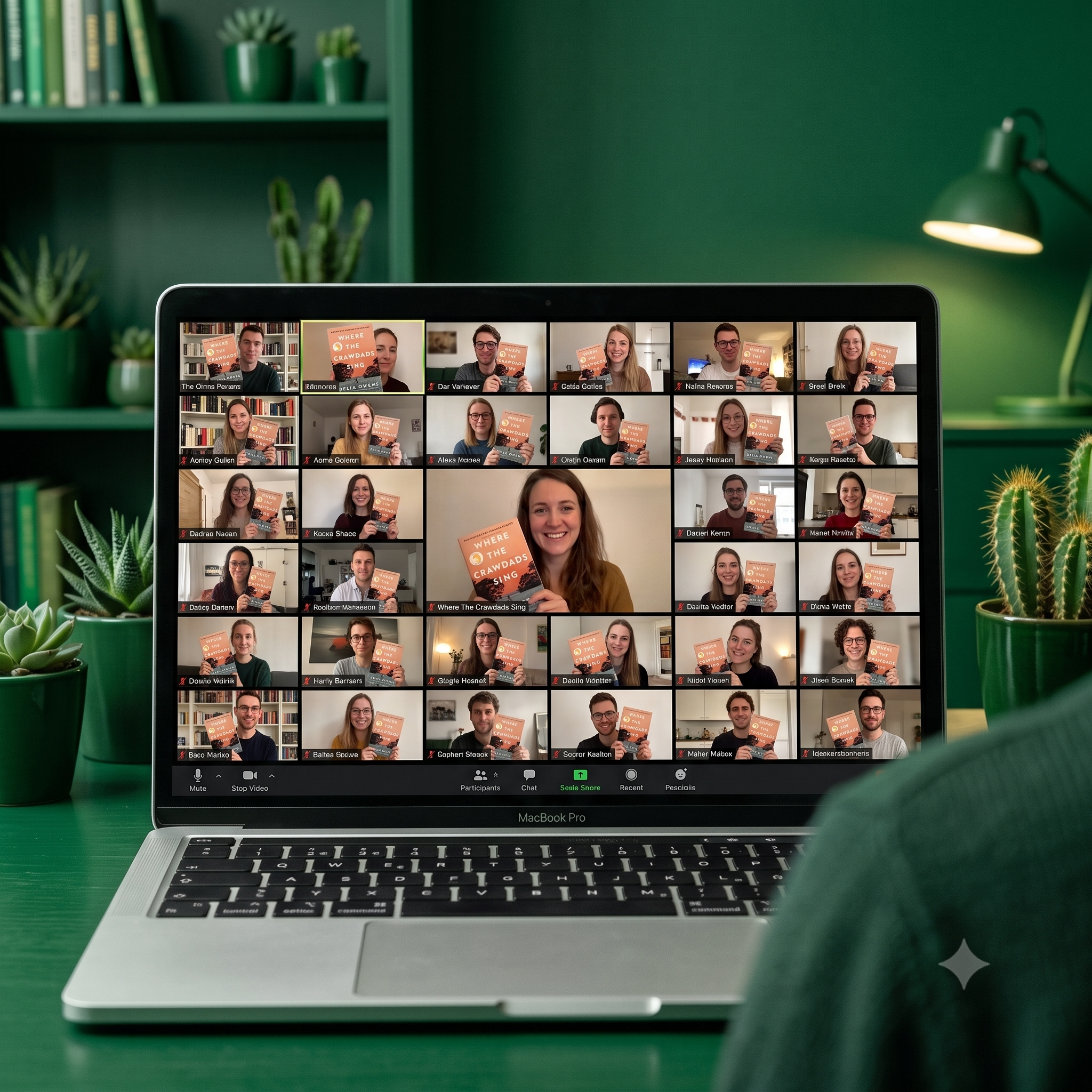 Ein Laptop mit einer Zoom-Videokonferenz-Teilnehmerliste auf dem Bildschirm, auf der mehrere Personen Fotos halten, die jeweils ein Buch mit dem Titel „Where the Crawdads Sing“ zeigen, vor einem grünen Hintergrund mit Pflanzen.