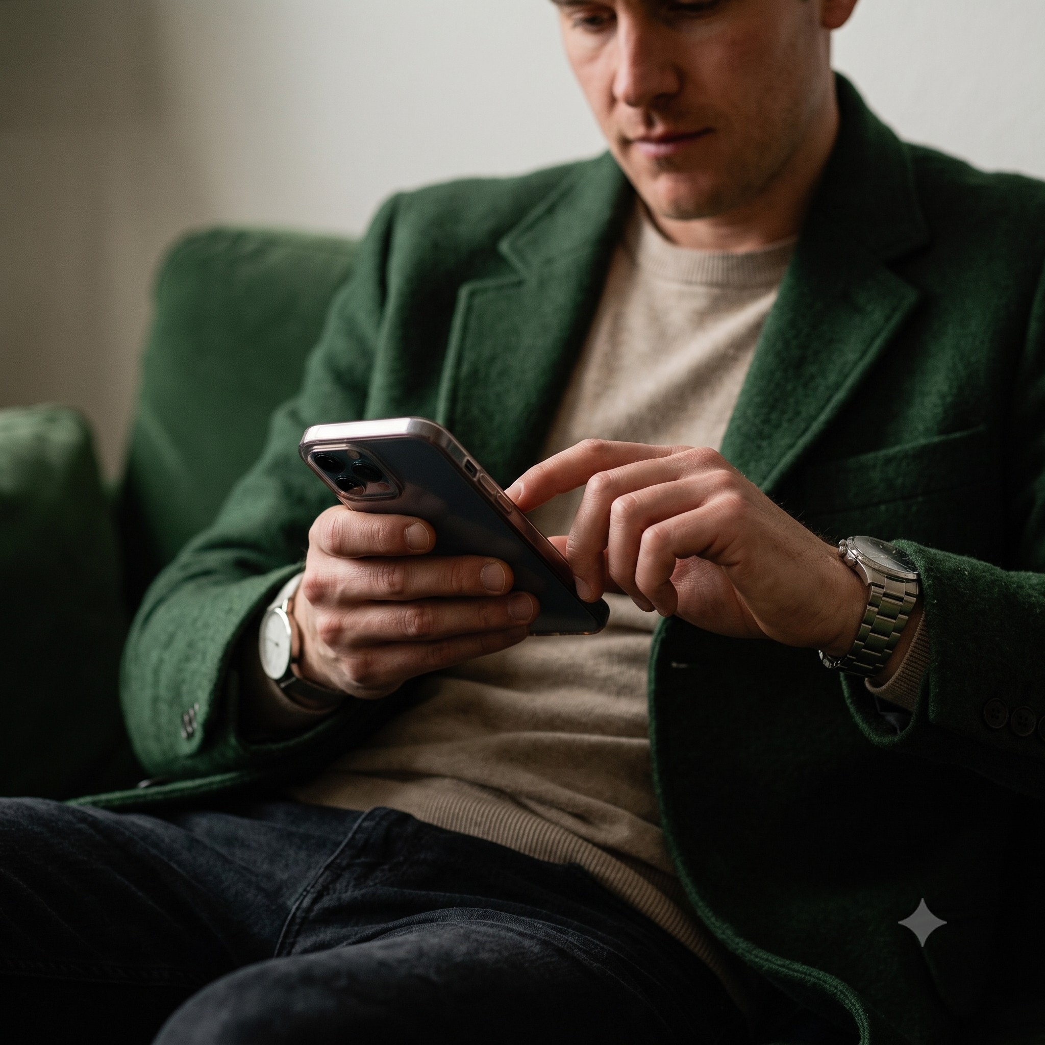 Nahaufnahme eines Mannes, der ein Smartphone benutzt, mit grünem Mantel und Armbanduhr, sitzend in einem Raum.