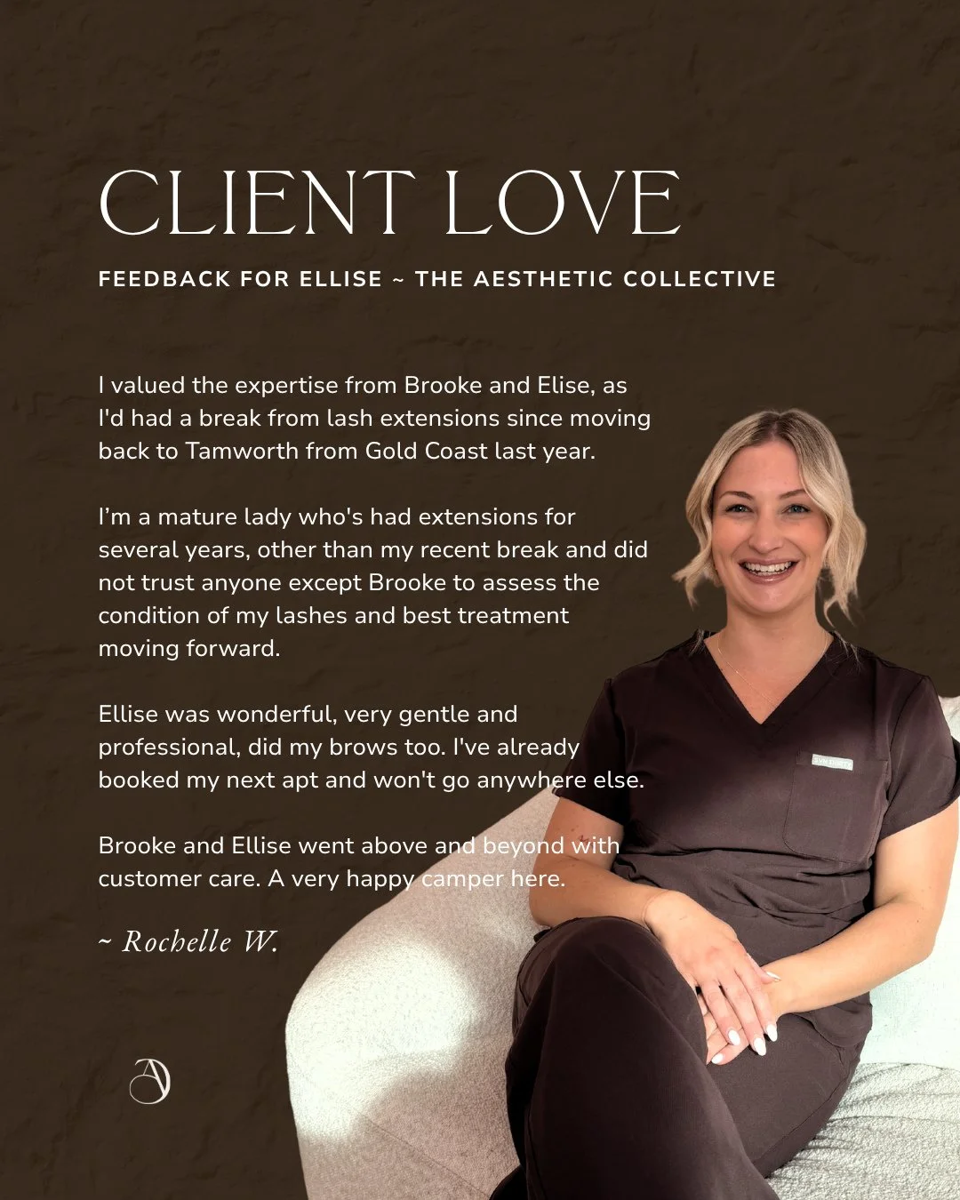 Kind words for Ellise 🤎⁠
⁠
We could talk about how talented Ellise is all day, but we think her clients say it best. Swipe through to see why she's so loved at The Aesthetic Collective ~ from her precision and skill, to the way she makes every singl