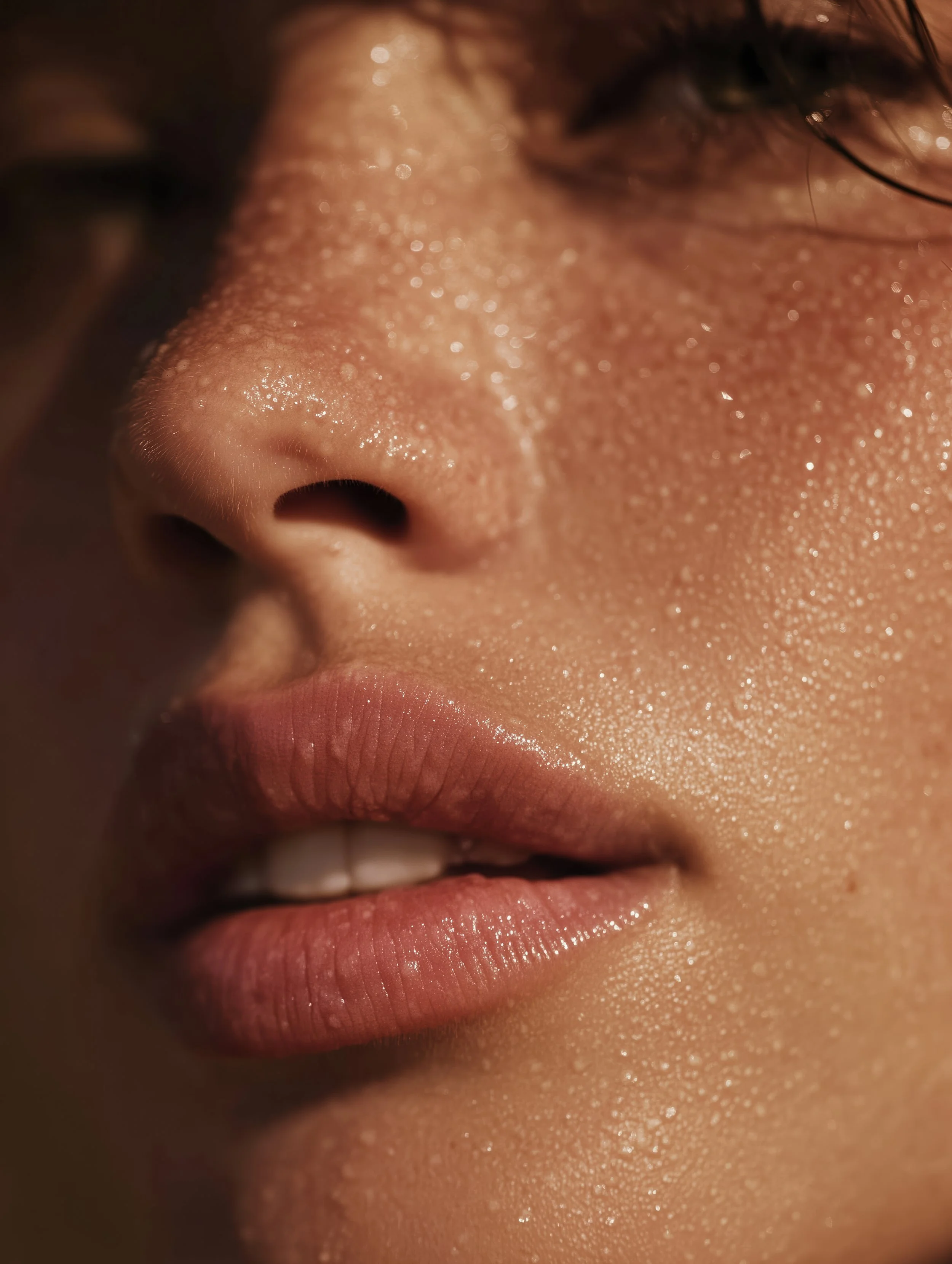 Close-up of a person's nose, lips, and part of their cheek, with wet and shiny skin, possibly damp or sweaty, with some skin pores visible.