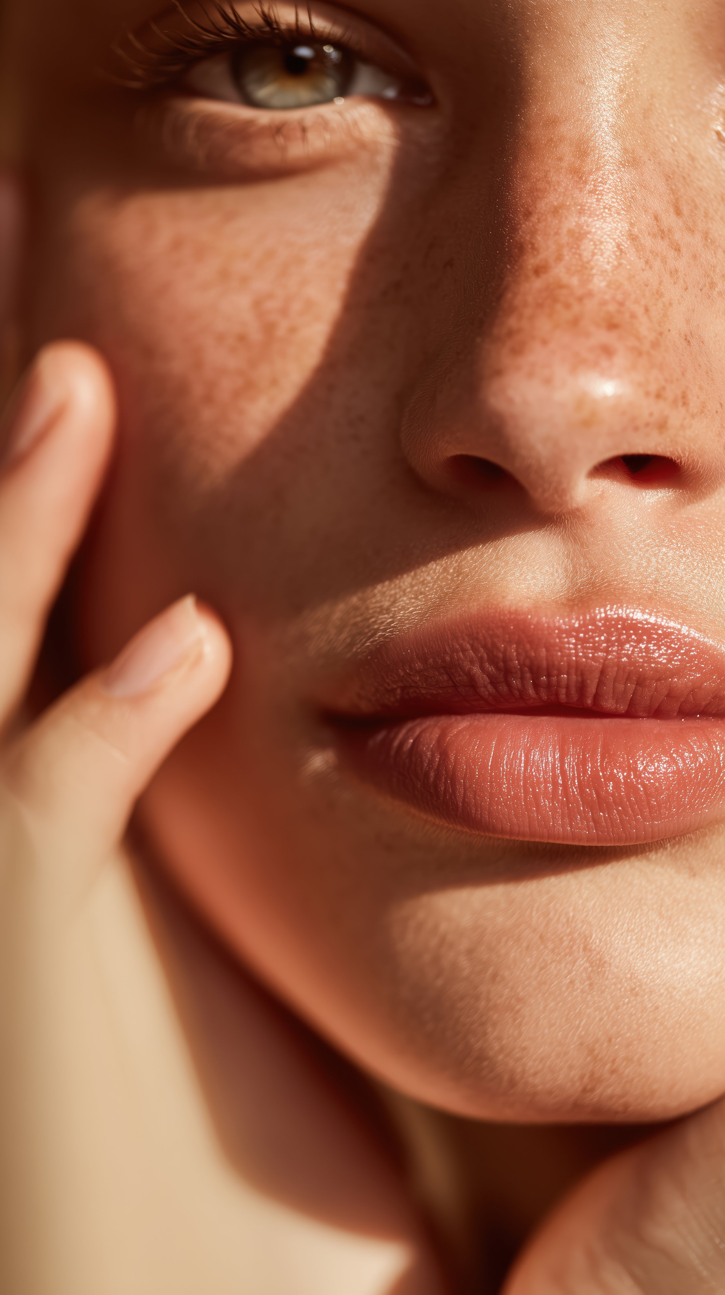 Close-up of a woman's face highlighting her eye, nose, and lips with a soft skin texture and freckles.