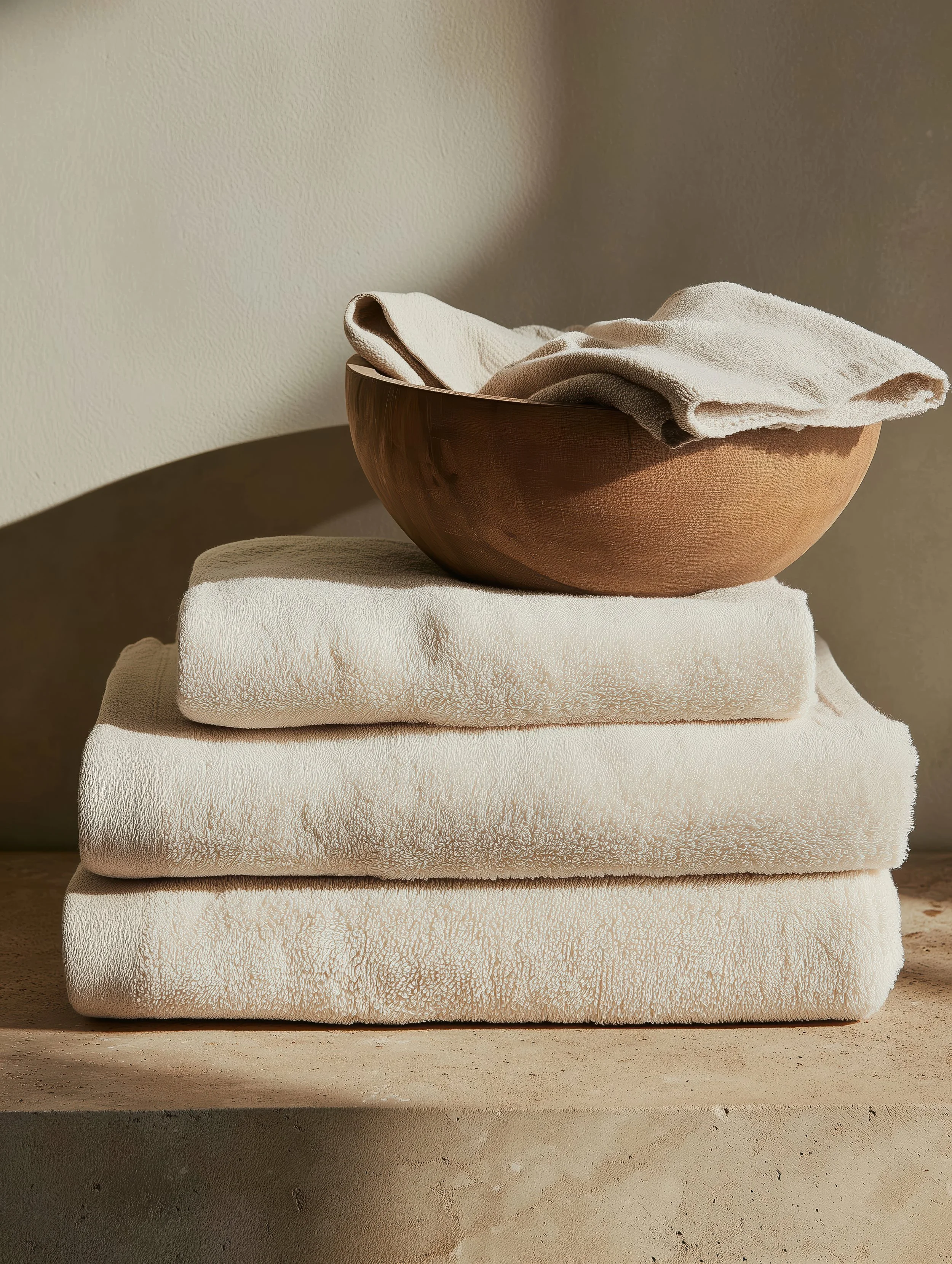 A wooden bowl with a cloth inside it, placed on a white towel on a wooden surface, with a plain wall background.