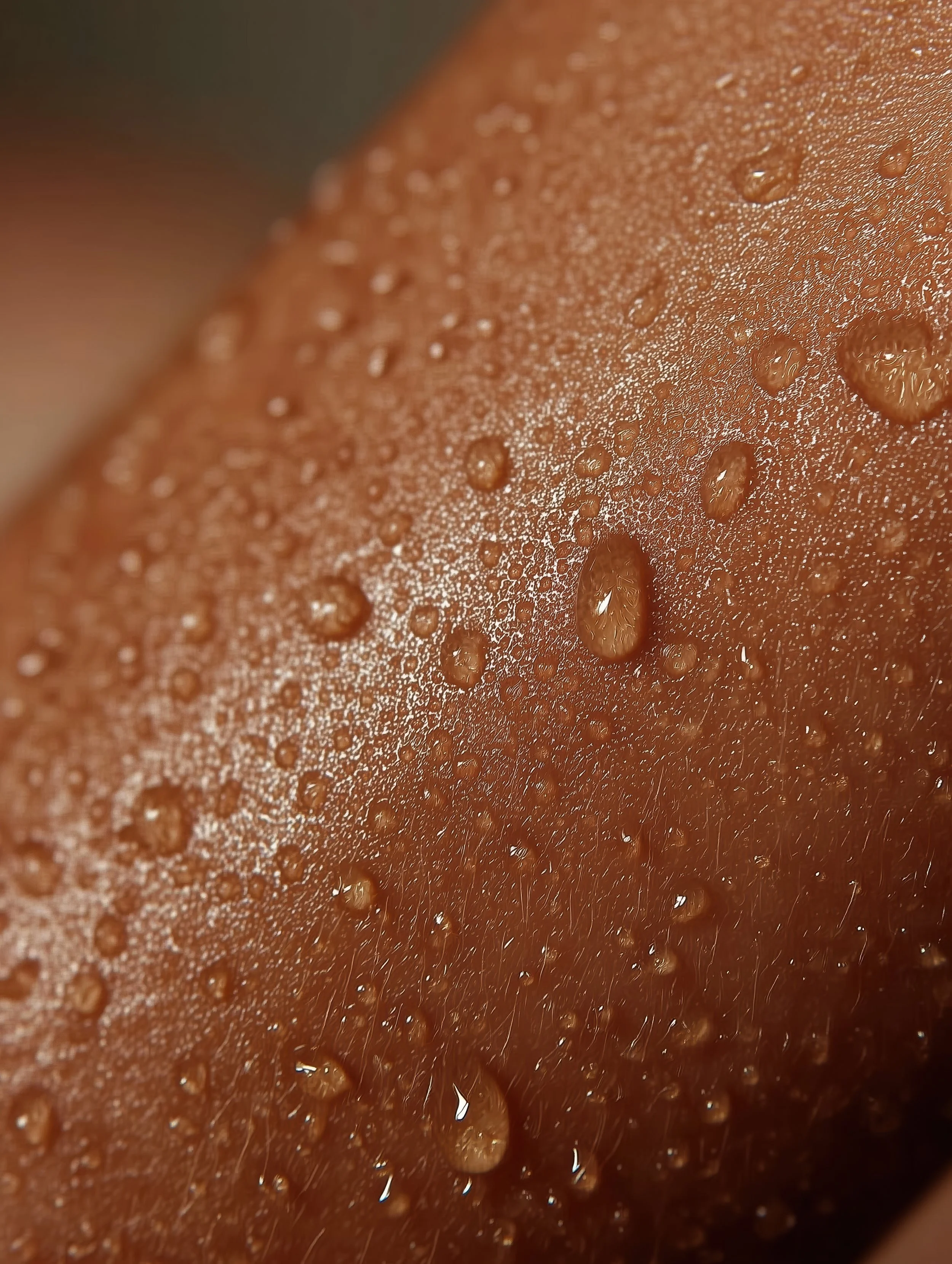 Close-up view of a wet, brown textured surface with water droplets.