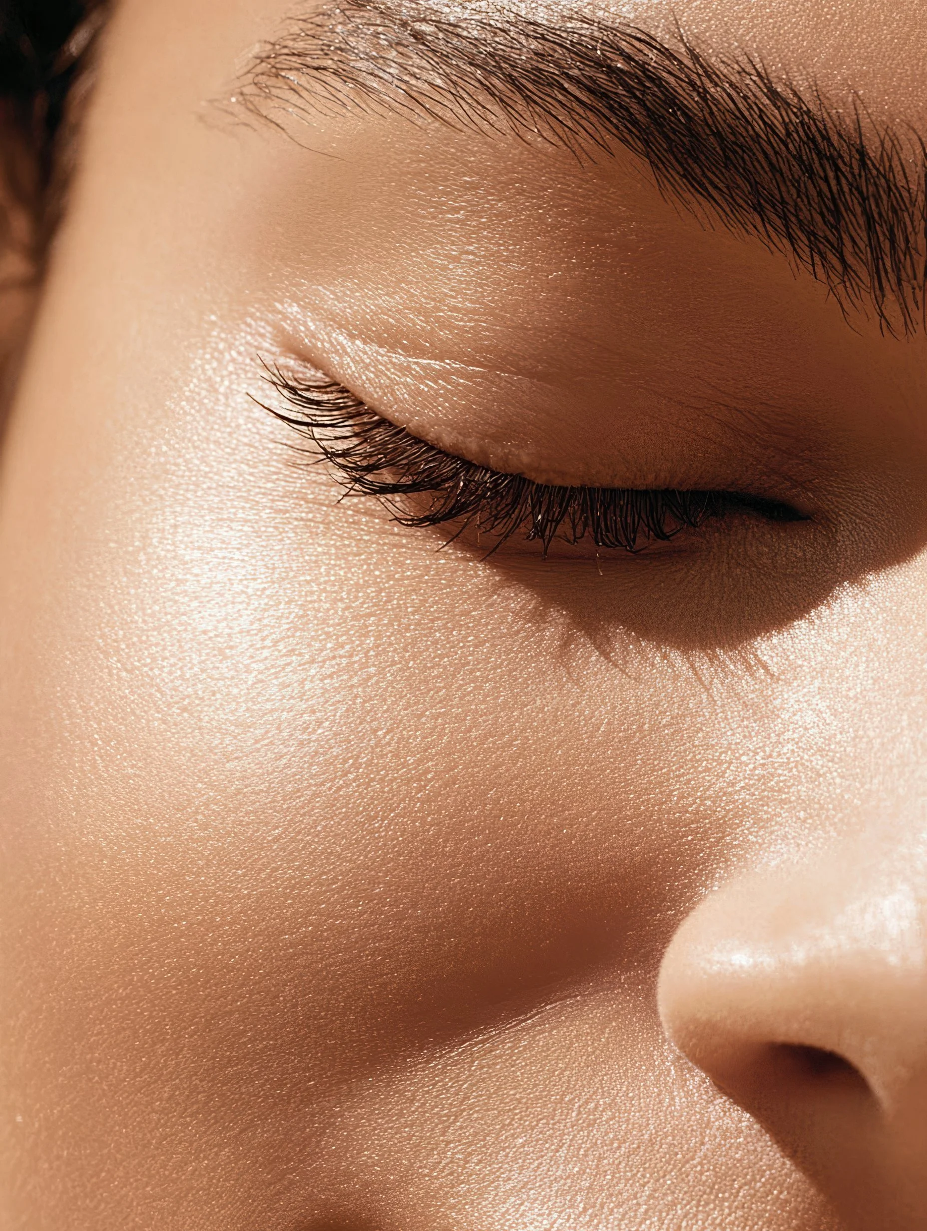 Close-up of a closed eye with long eyelashes and well-groomed eyebrow, showing smooth, glowing skin.
