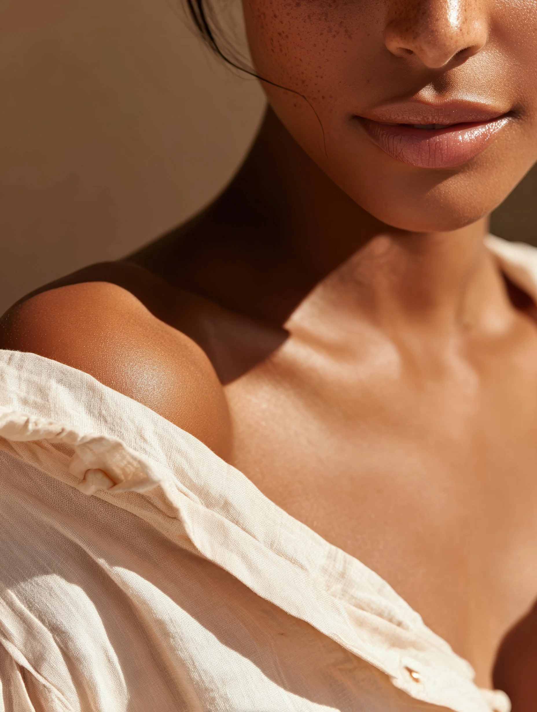 Close-up of a woman's face focusing on her lips, nose, and freckles, with a portion of her shoulder and a white fabric garment visible.