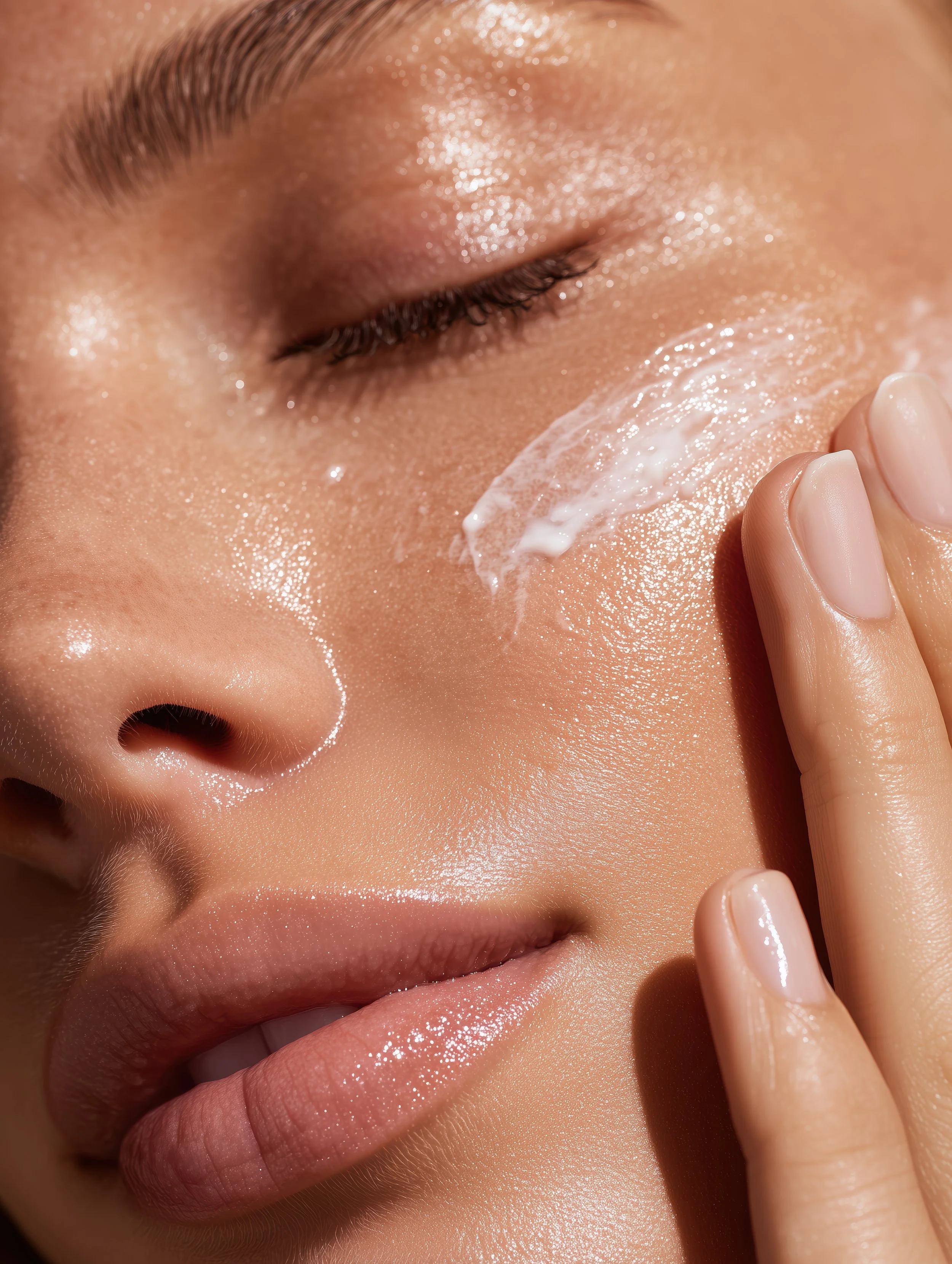 Close-up of a person with closed eyes applying or removing facial cream with fingers.