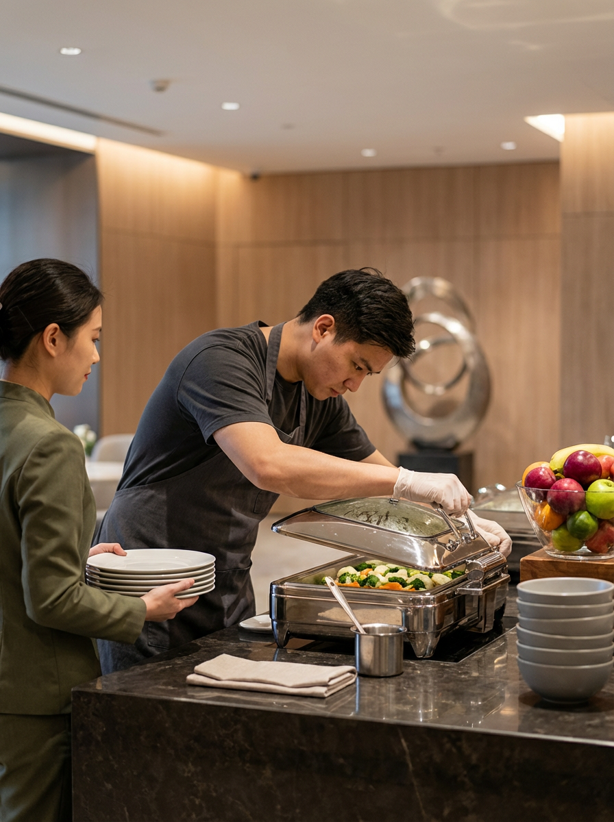 A man in a black shirt and apron serving food from a chafing dish, with a woman in a green jacket holding plates nearby in a modern dining area with wood-paneled walls and a bowl of apples.