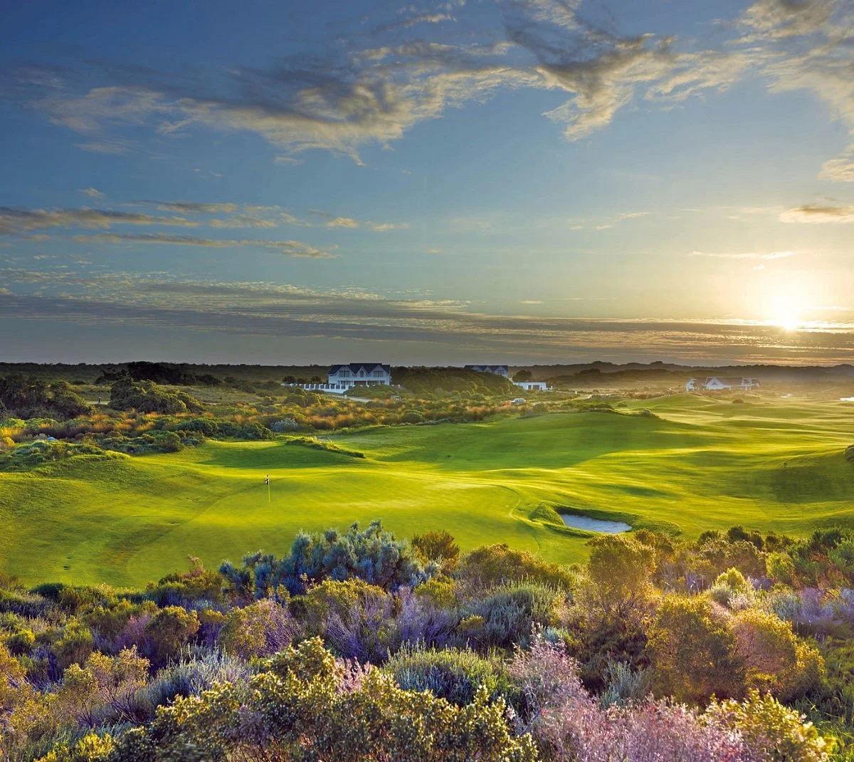 Sunset over a coastal golf course fairway near St Francis Bay
