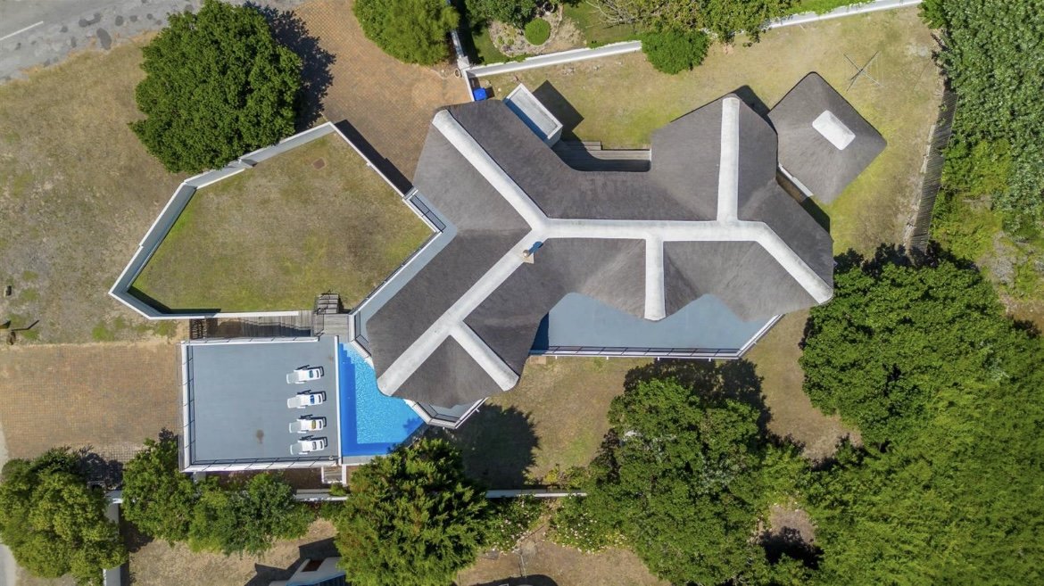 Aerial view directly overhead showing the thatched roofline