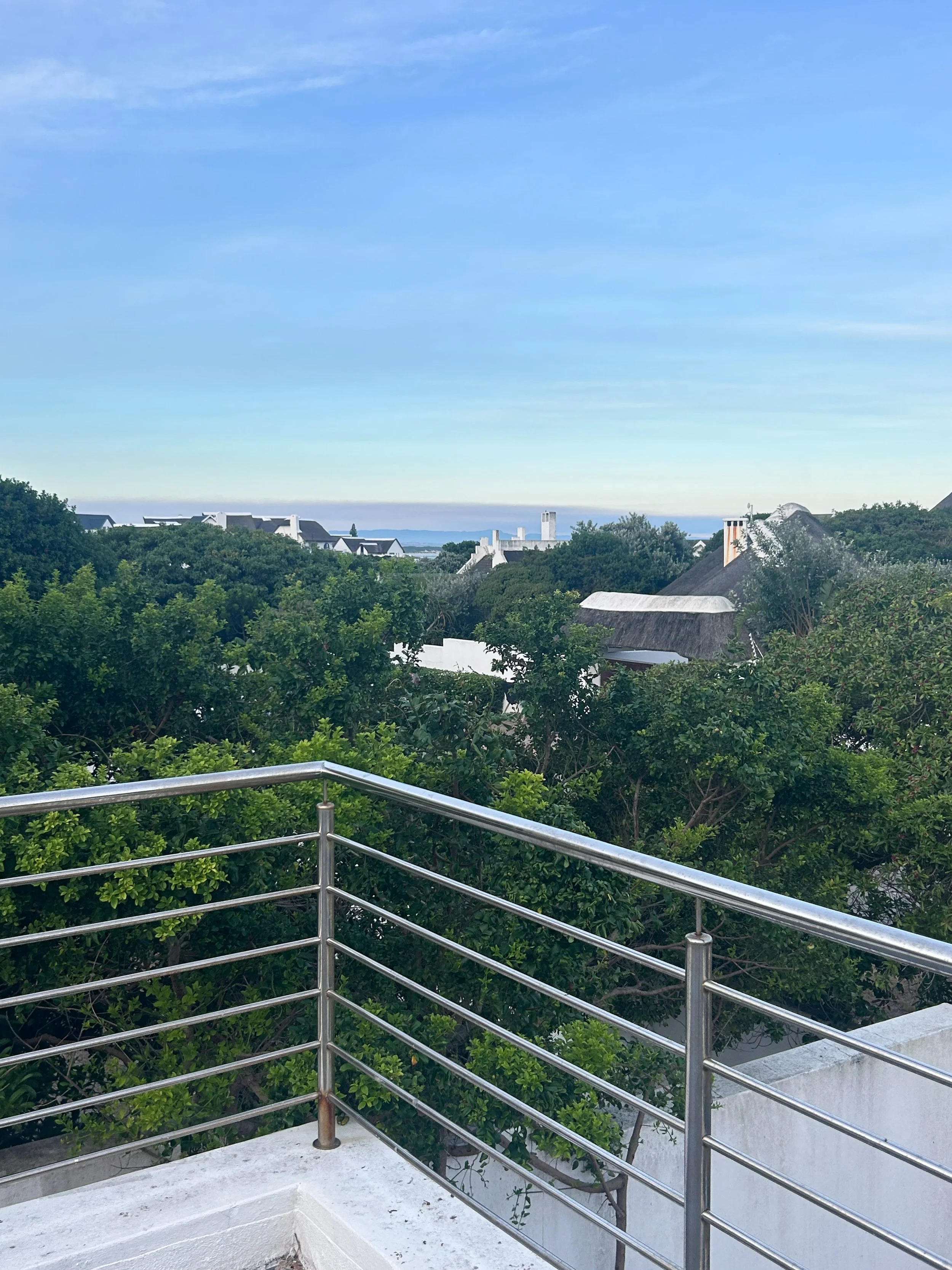View from a balcony with metal railing overgrown with greenery, overlooking houses and trees with a clear blue sky in the background.
