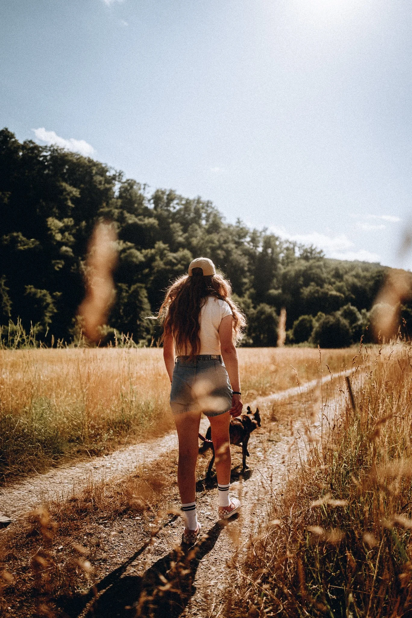 Junge Frau mit Hund läuft auf einem Feldweg an einem sonnigen Tag, umgeben von hohem Gras und Bäumen.