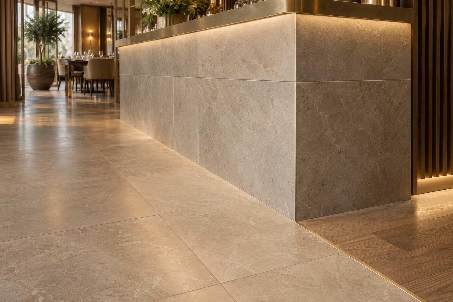 Large format commercial tiling to a hospitality bar and floor in Sussex