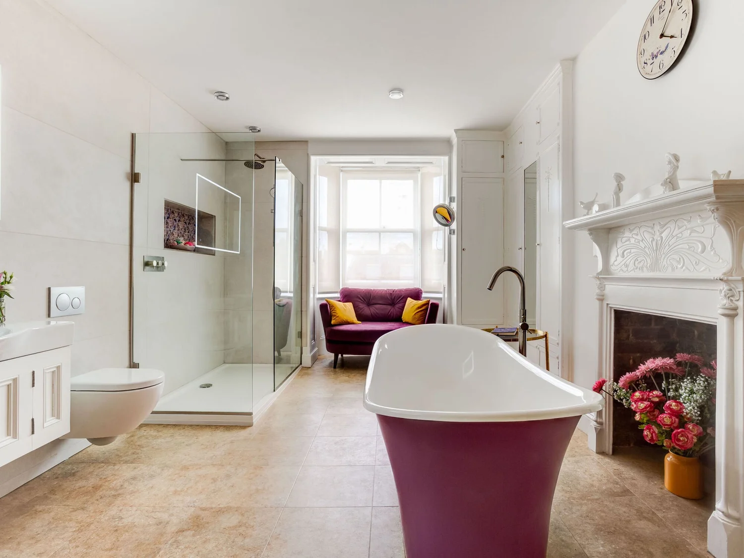 Completed residential bathroom with tiled floor and shower enclosure