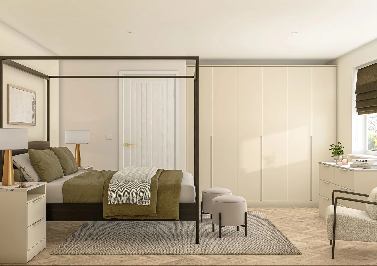 Neutral fitted wardrobes across a contemporary bedroom