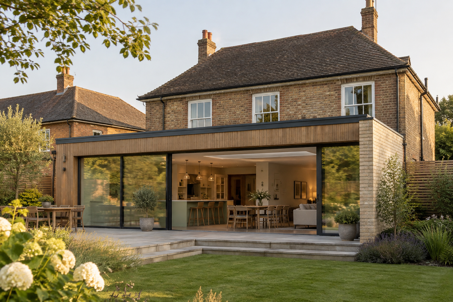Completed rear house extension with large glazed doors opening to a garden