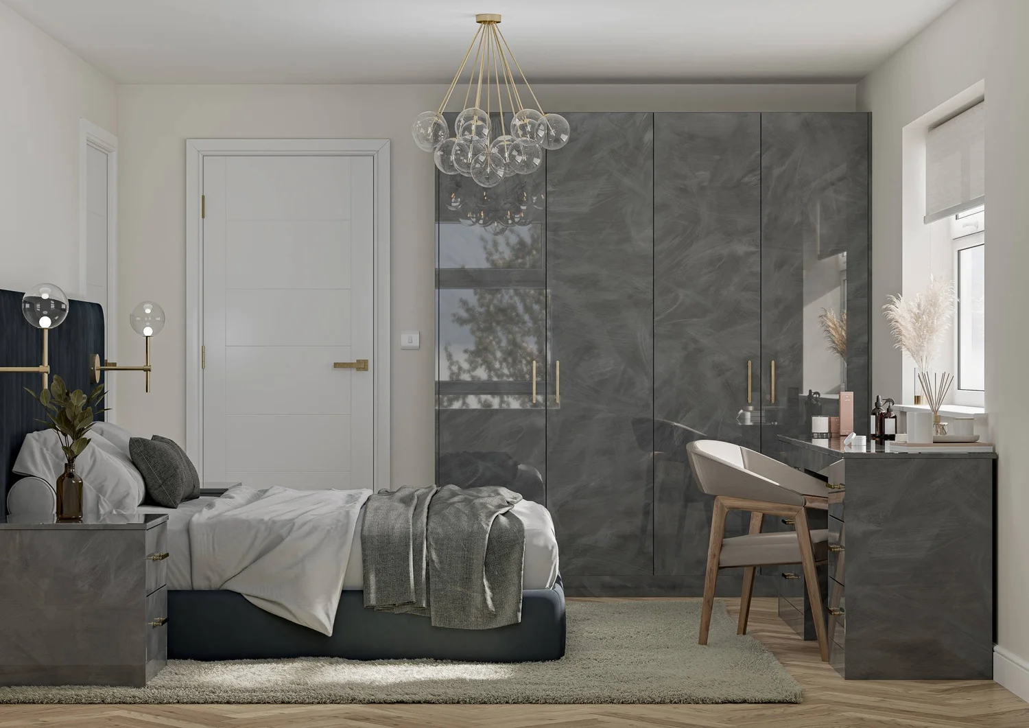 Modern fitted bedroom with floor-to-ceiling wardrobes and dressing desk