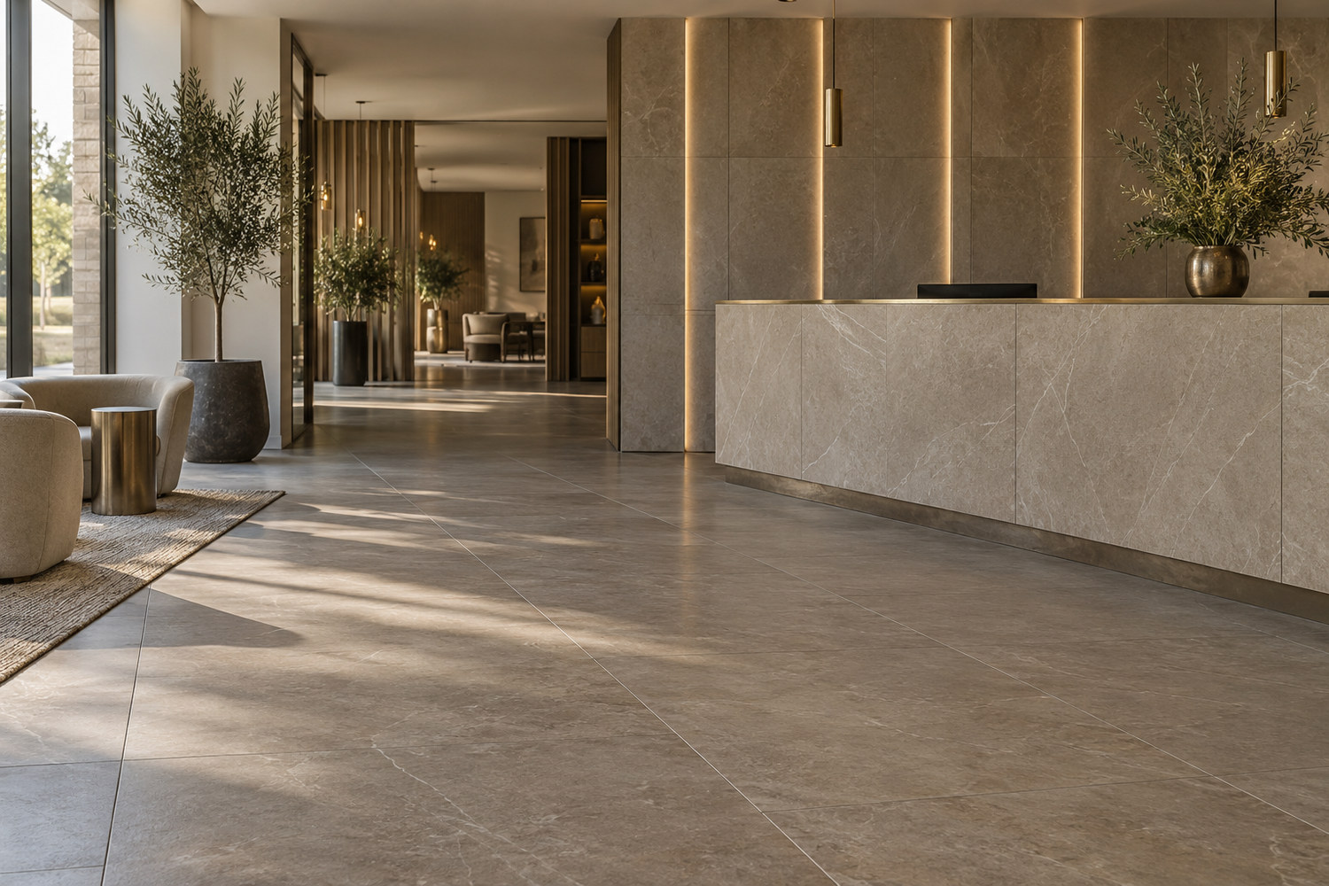 Commercial reception with large stone-effect floor and wall tiles, a matching reception desk and vertical lighting.