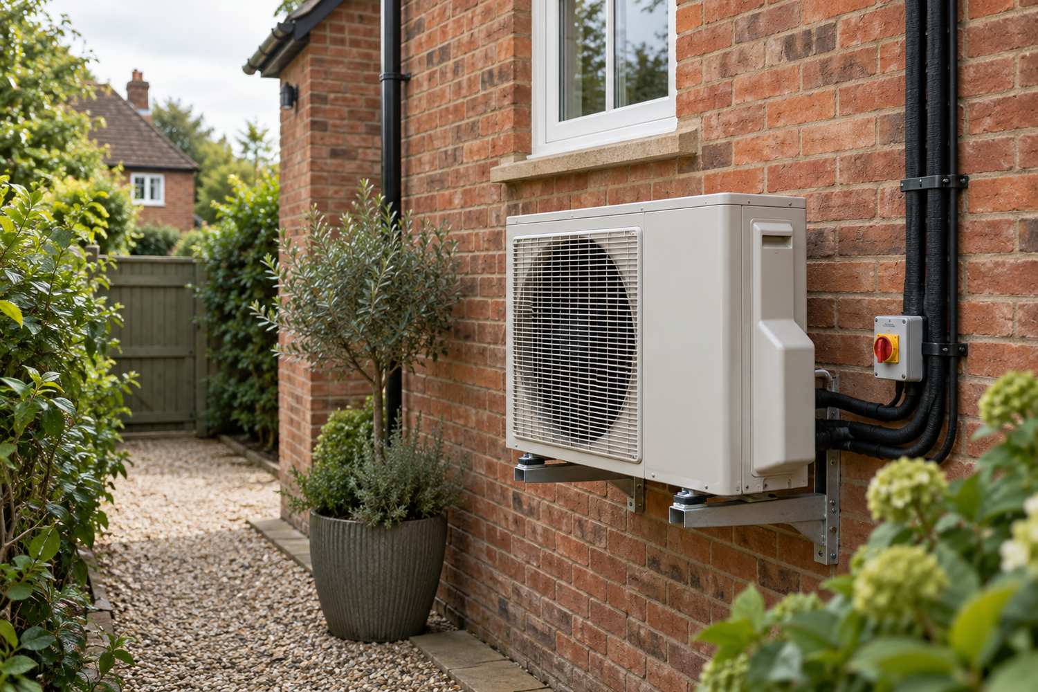 Discreet residential air conditioning condenser installed beside a Sussex home