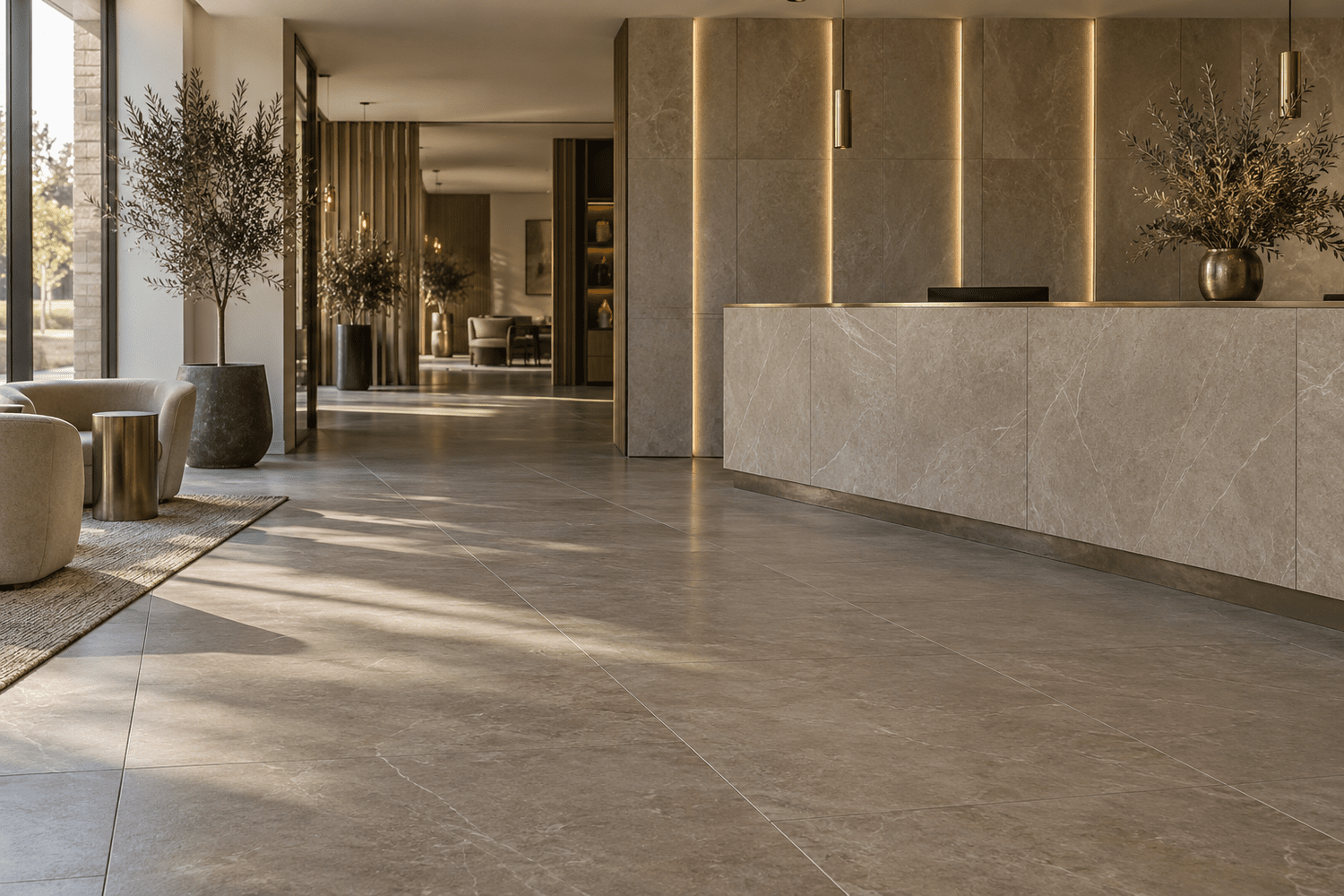 Large format stone-effect tiling in a premium commercial reception