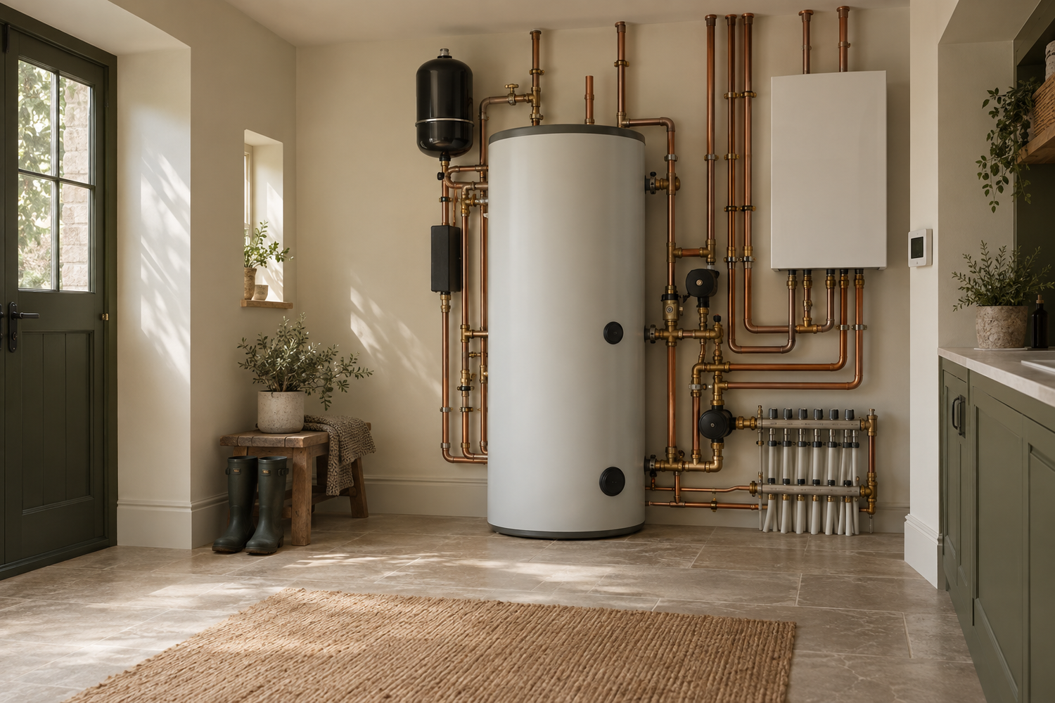 Modern domestic heating system with hot-water cylinder and pipework