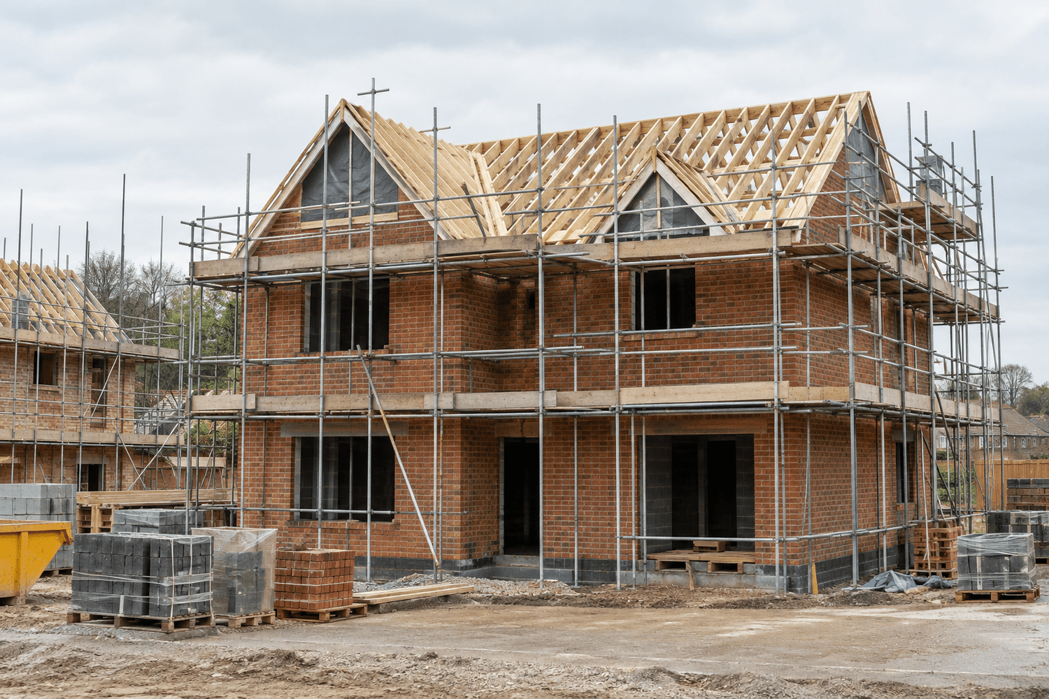 New build home under construction with organised scaffolding in Sussex