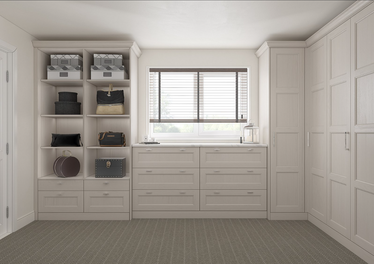 Traditional fitted bedroom storage with wardrobes, drawers and open shelving