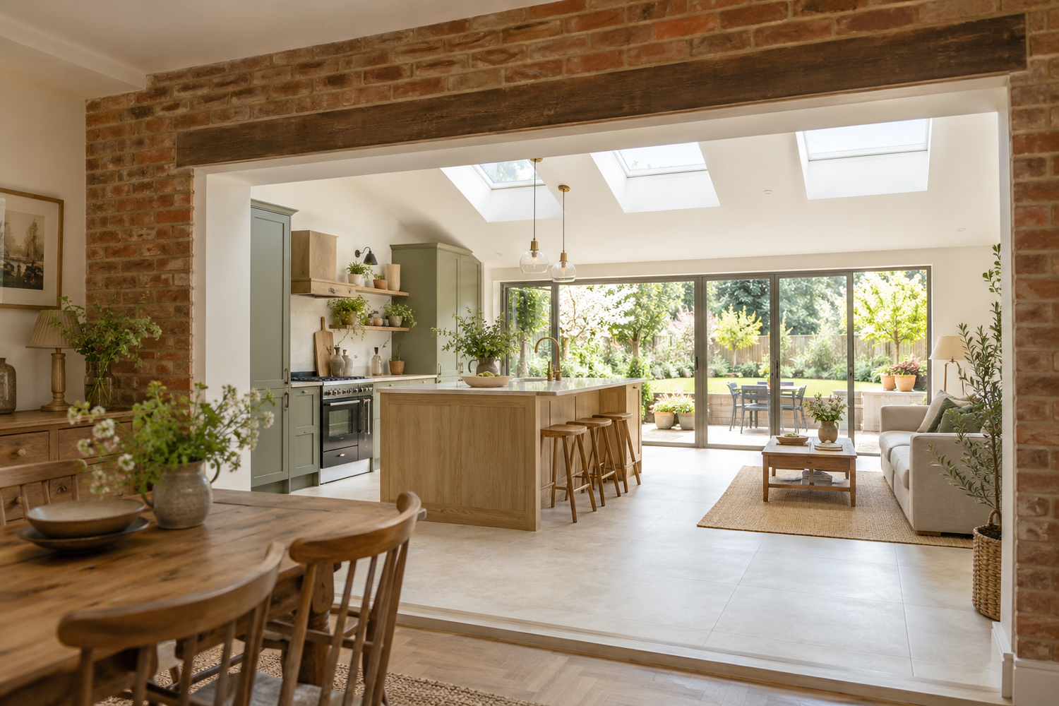 Bright interior transition into a completed rear house extension in Sussex