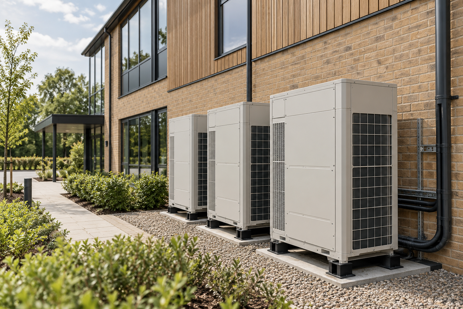 Commercial air conditioning condenser installation serving a Sussex workplace