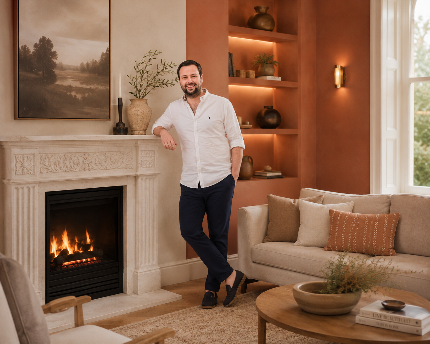 A man stands in a warmly lit living room with a fireplace, beige sofa, and wooden coffee table, smiling and resting his arm on the fireplace mantel.