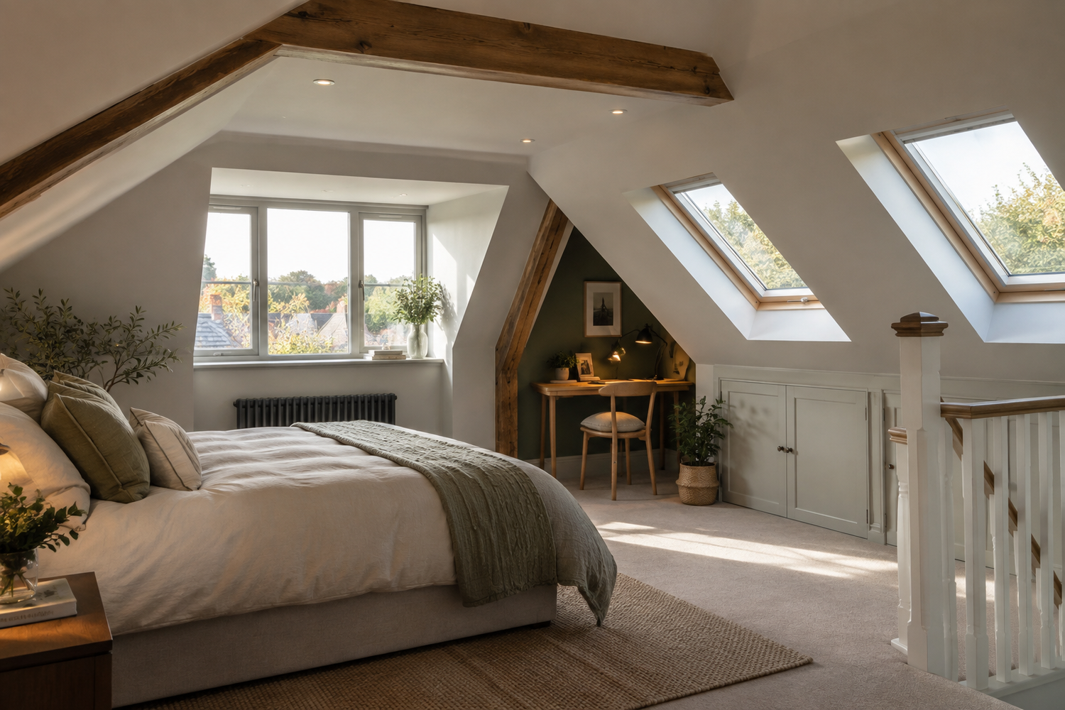 Finished loft bedroom with rooflights, exposed timber beam and eaves storage