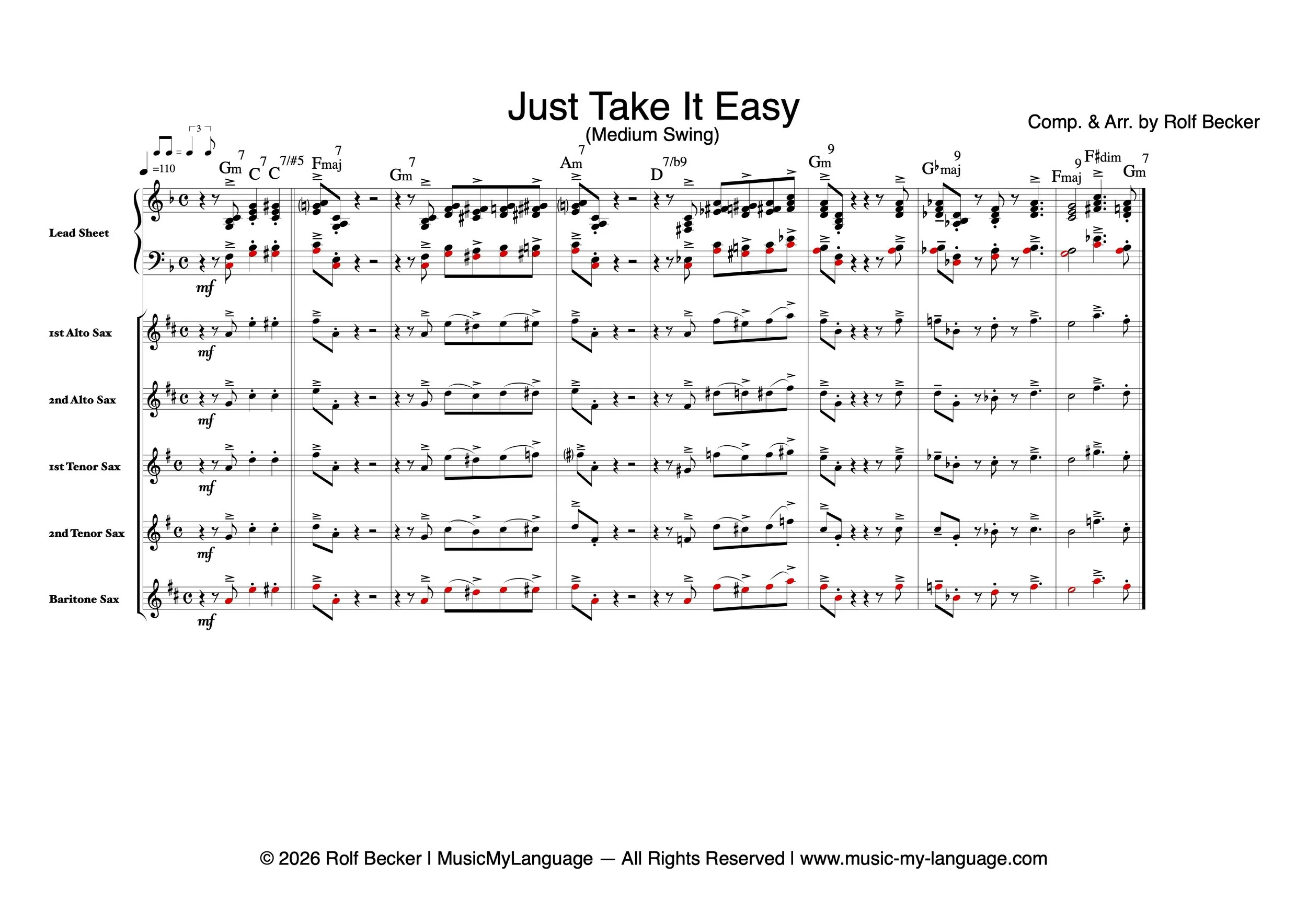 Four-part Close Voicing with the melody doubled one octave lower by the Baritone Saxophone. The red noteheads identify the octave-doubled melody.