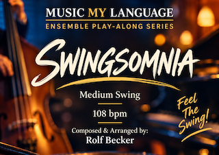 Music sheet for 'Swingsomnia,' a medium swing jazz piece composed and arranged by Rolf Becker, with a tempo of 108 bpm, from the 'My Language' ensemble play-along series.