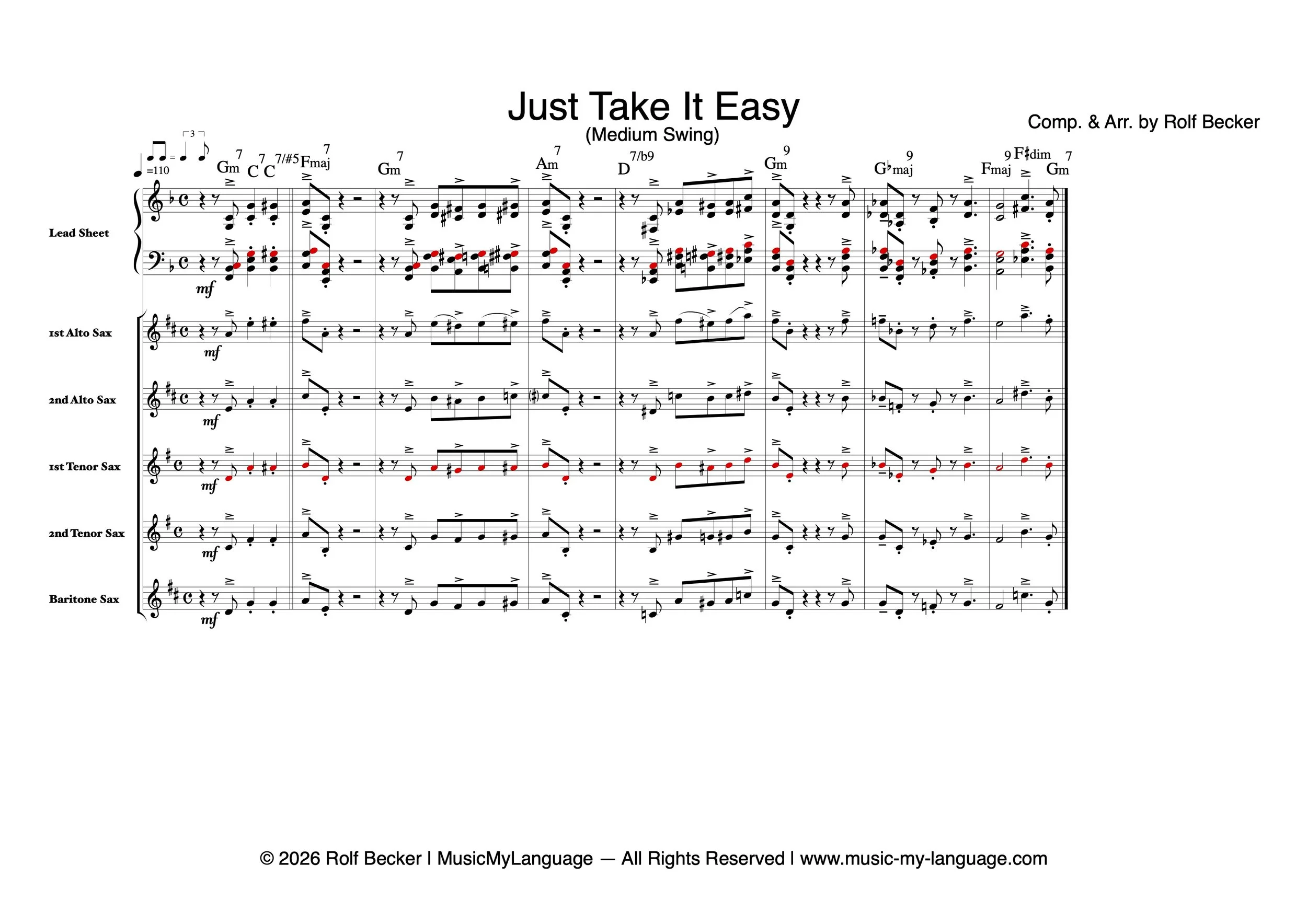 Four-part Drop 2 & 4 Voicing with the melody doubled one octave lower by Tenor Saxophone 1. The red noteheads identify the octave-doubled melody.